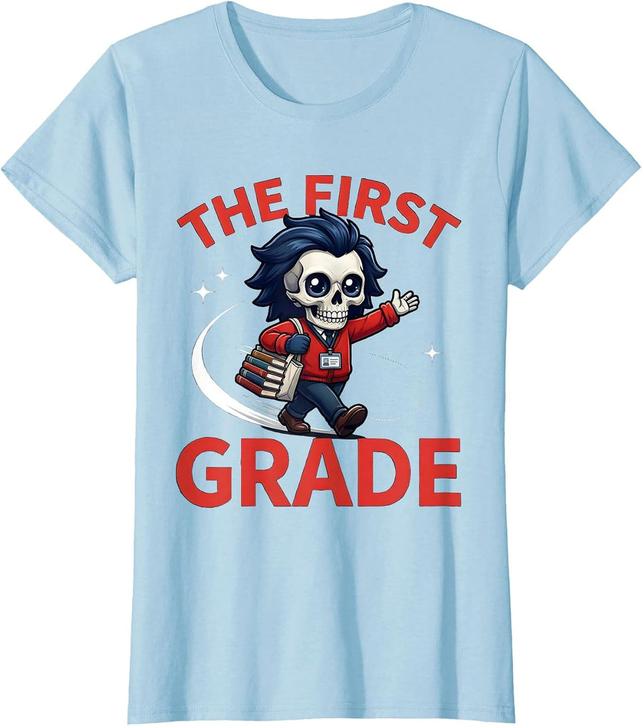 Women's THE FIRST GRADE Funny Teacher Back To School Classroom T-Shirt - Baby Blue
