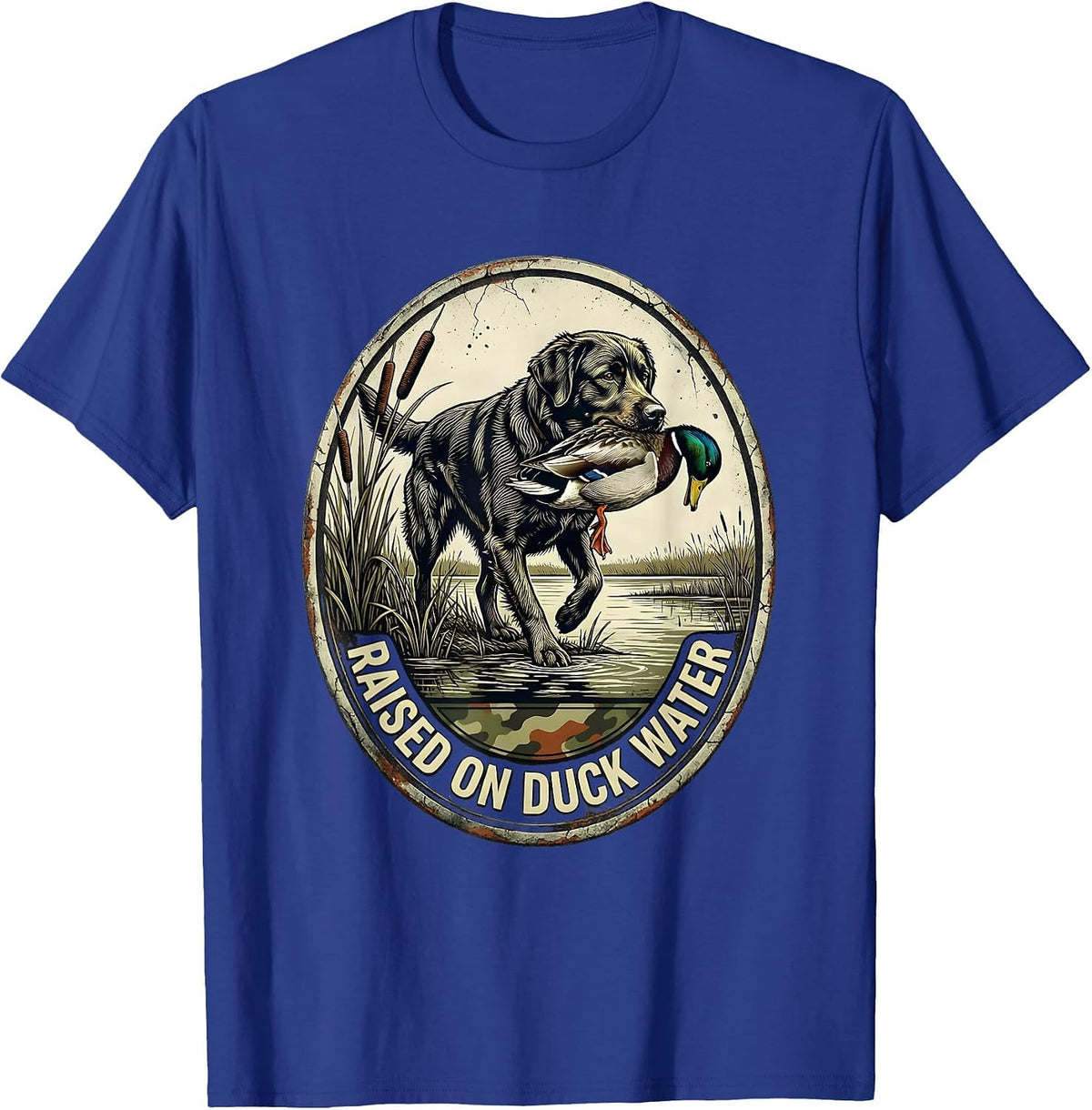 Men's Raised On Duck Water Distressed Hunting Dog Waterfowl Pride T-Shirt - Royal Blue