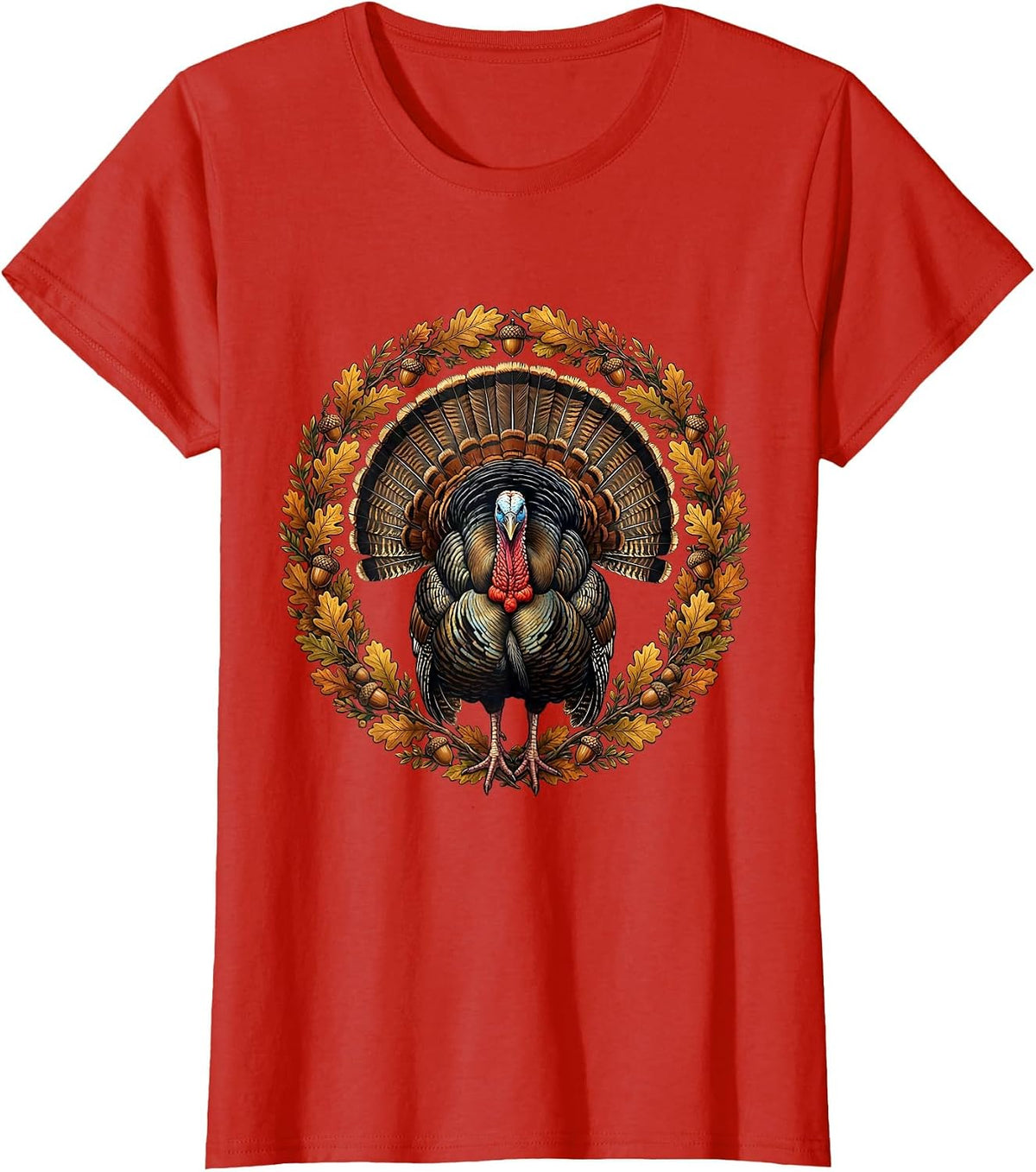 Women's Camo Turkey Strutting Autumn Underbrush Illustration T-Shirt - Red