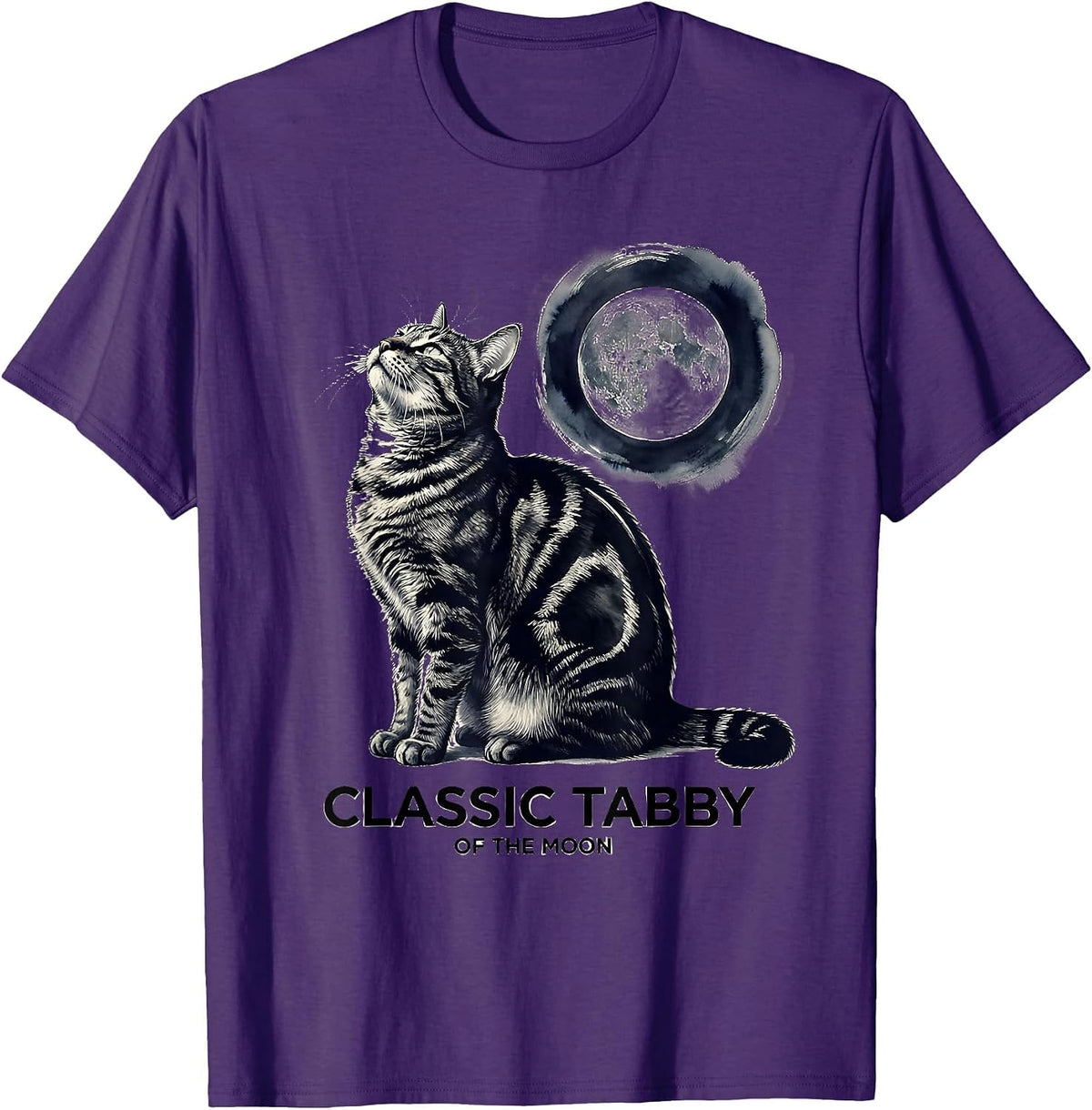 Classic Tabby Of The Moon Ink Brush Cat Lover Retro Humor T-Shirt - Purple