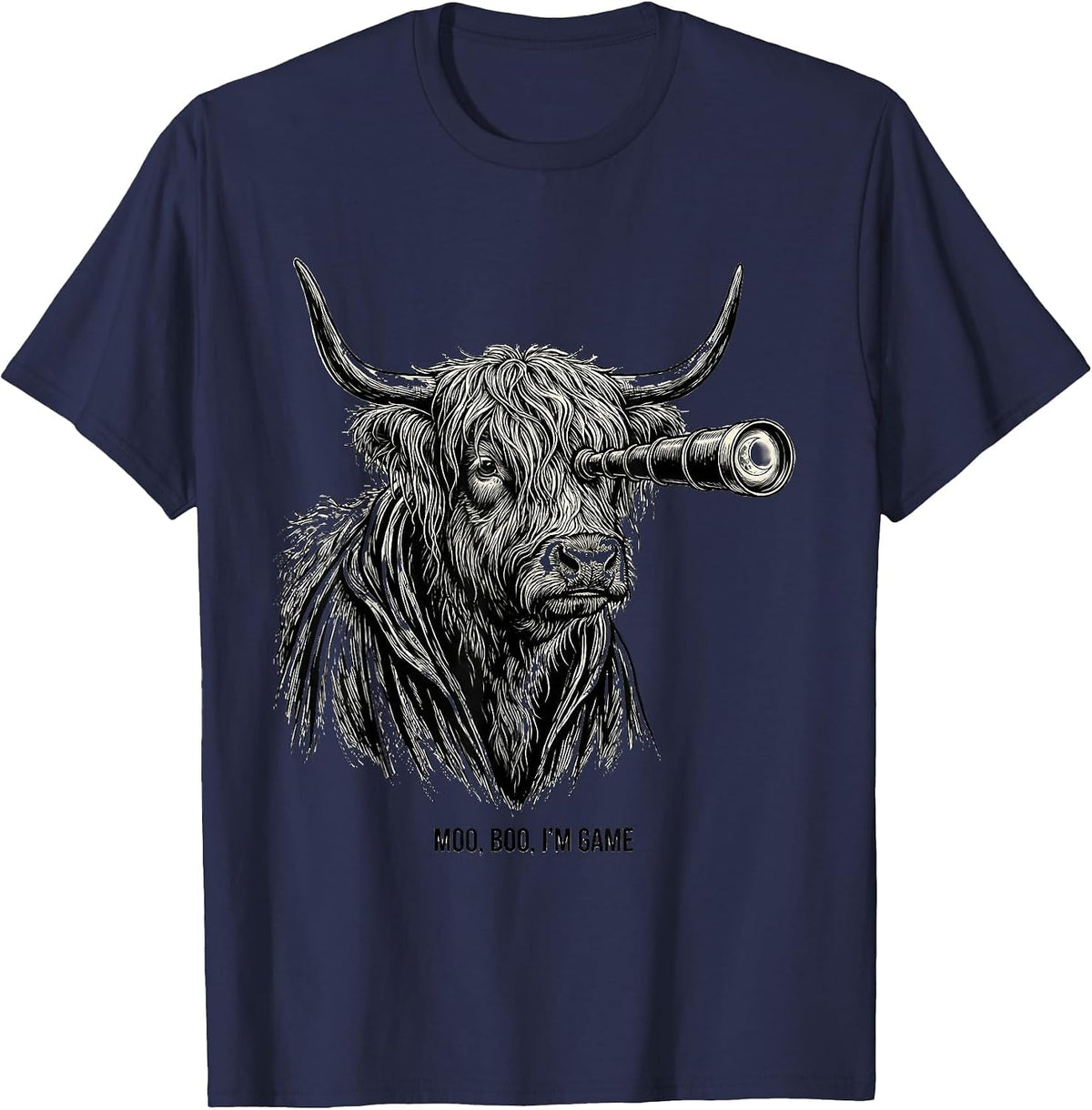 Men's Moo, Boo, I'm Game Funny Highland Cow Halloween Costume T-Shirt - Navy Blue