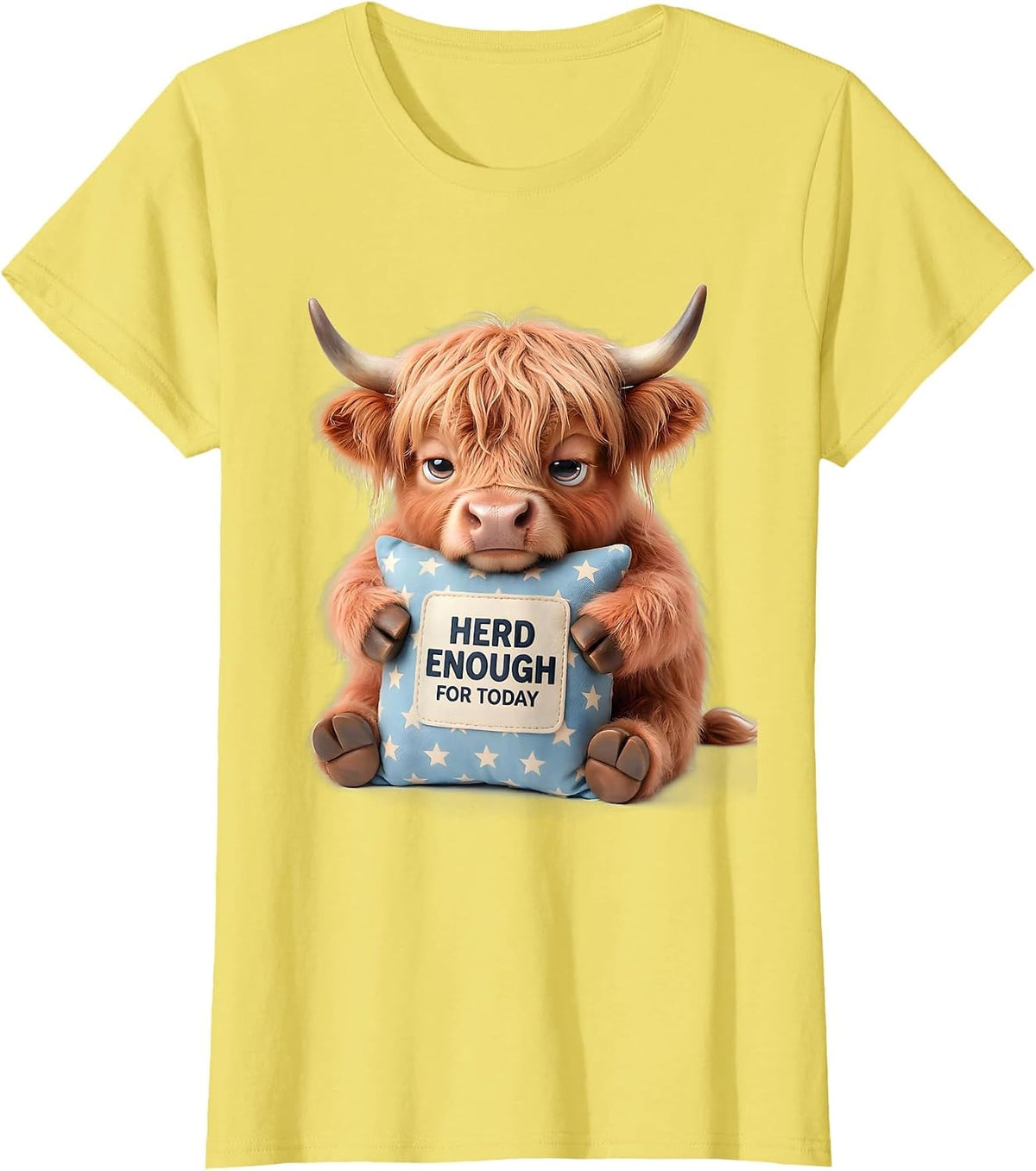 Herd Enough For Today Cute Kawaii Highland Cow Sleep Humor T-Shirt - Lemon Yellow