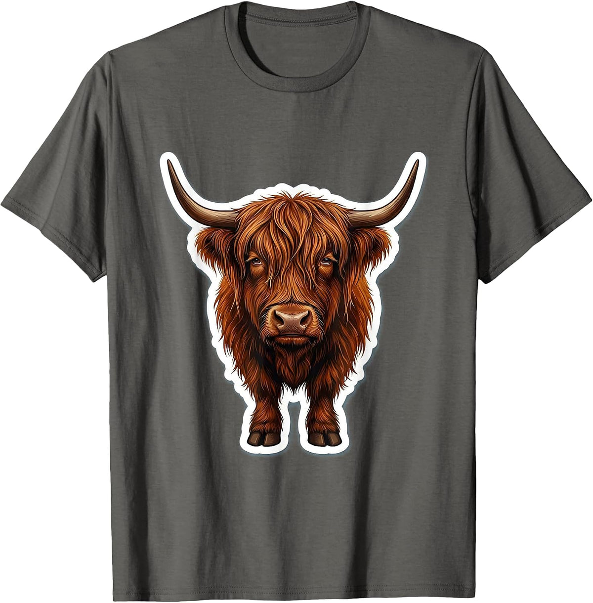 Highland Cow Head Sticker Style Animal Lover Humor T-Shirt - Asphalt Grey