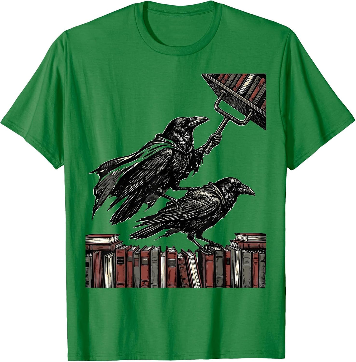 Men's Caped Crows Linocut Teacher Back-To-School Humor T-Shirt - Kelly Green