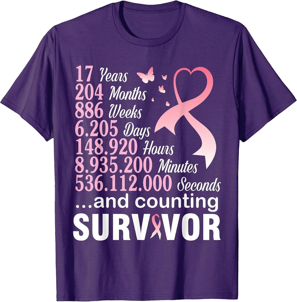 17 Years 204 Months & Counting Survivor Fight Breast Cancer T-Shirt - Purple