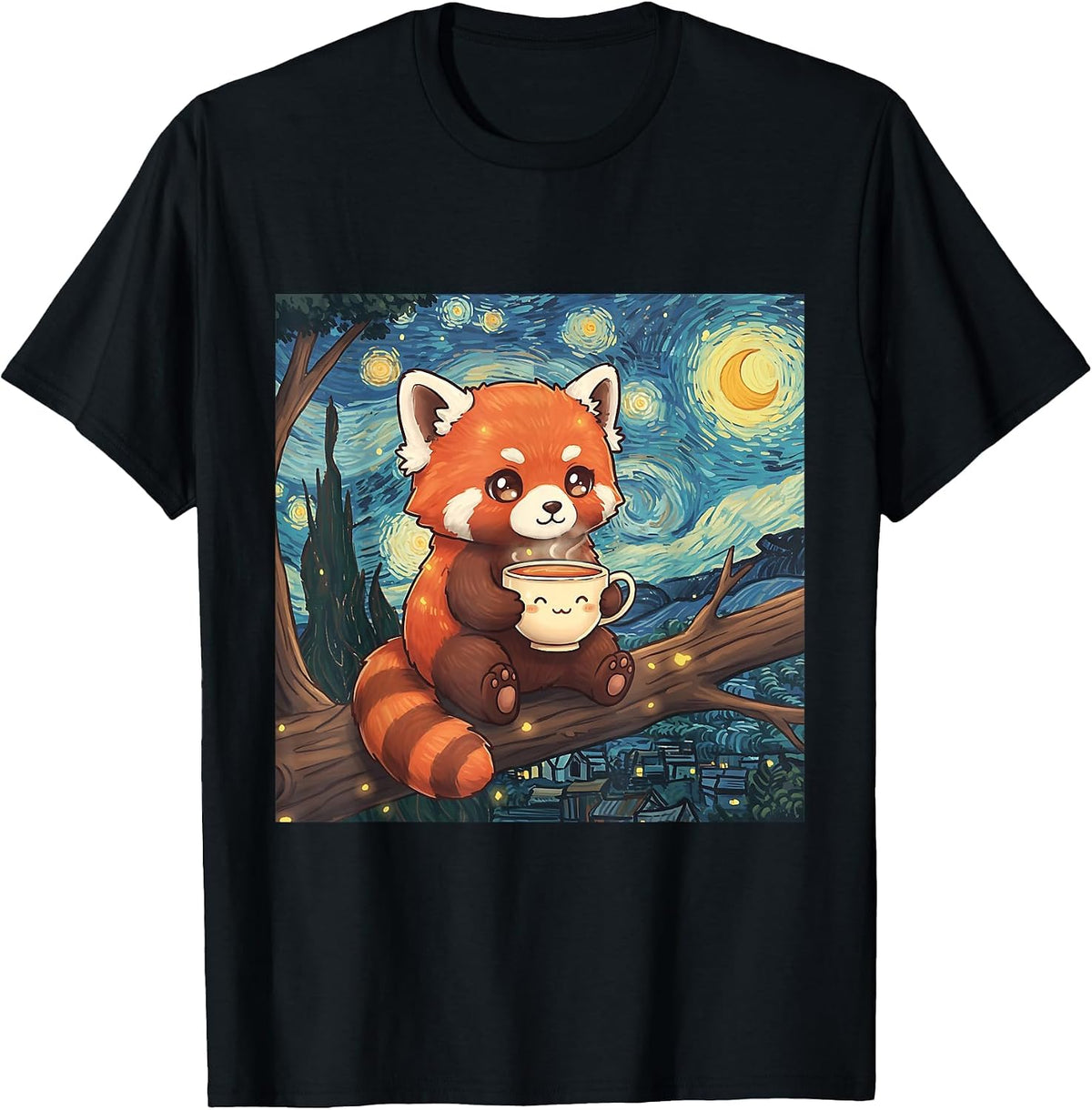 Fluffy Red Panda Holding Tea Cup Van Gogh Starry Night Art T-Shirt - Black