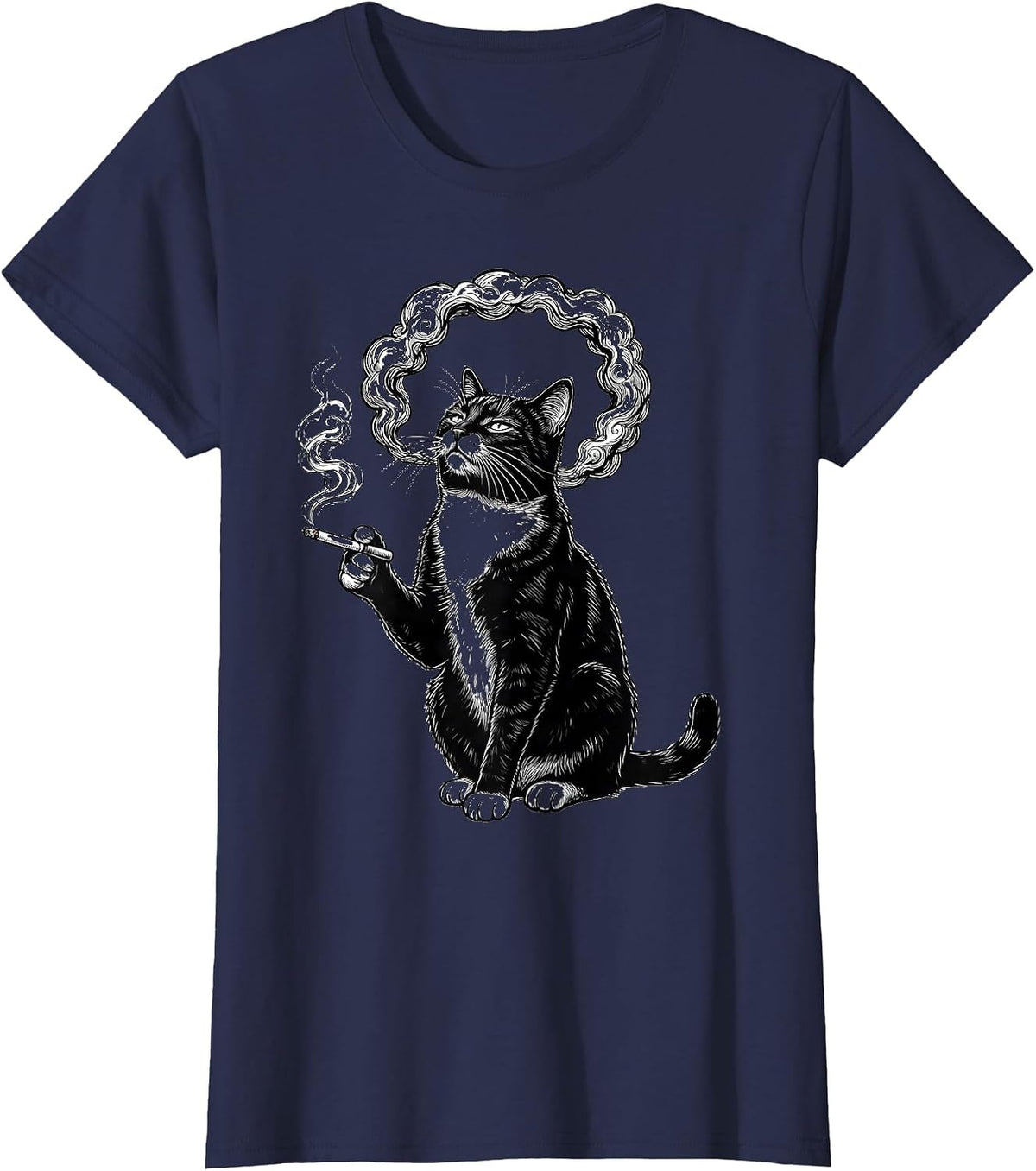 Women's Tuxedo Cat Smoking a Ring of Smoke T-Shirt - Navy Blue