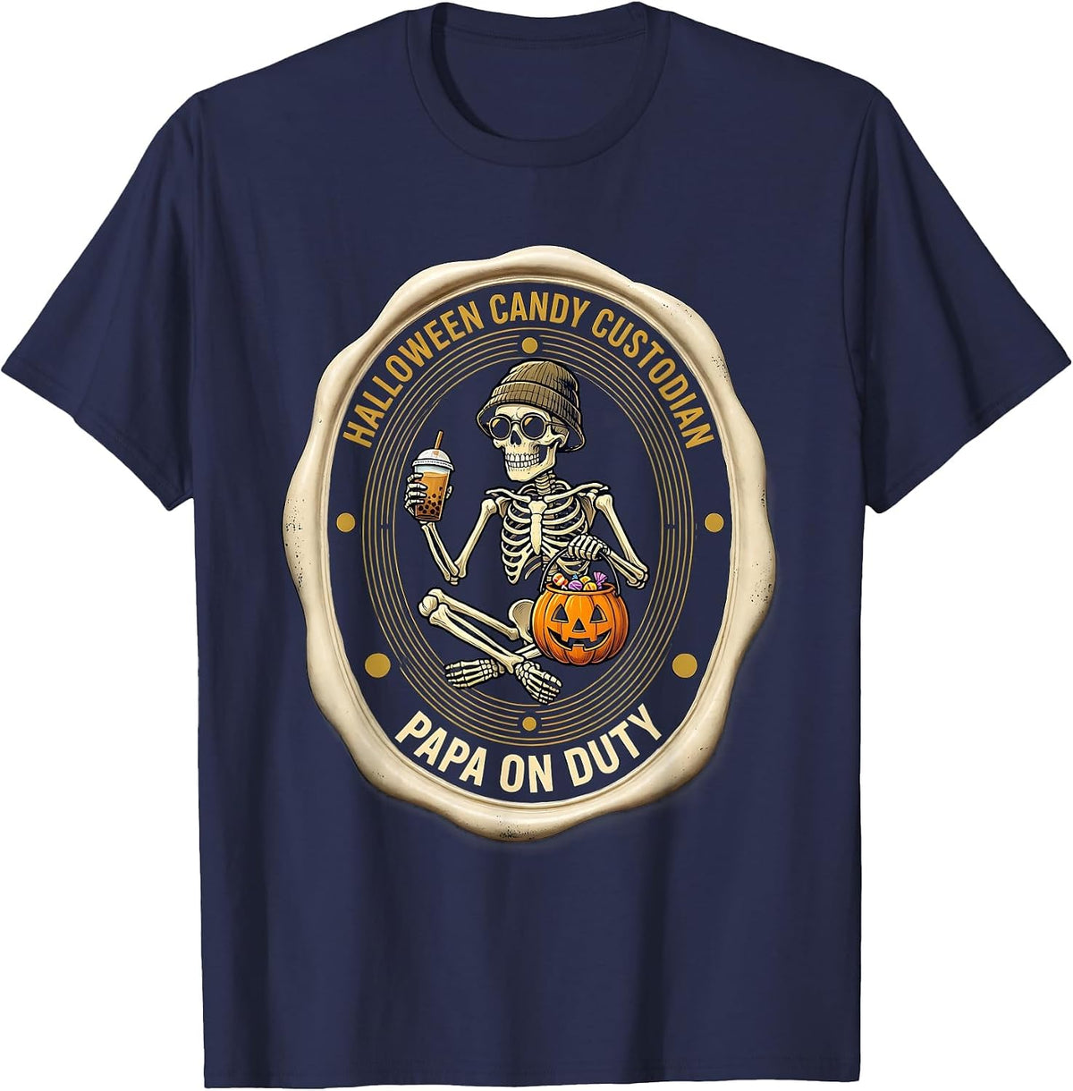 Men's Halloween Candy Custodian — Papa On Duty Skeleton T-Shirt - Navy Blue