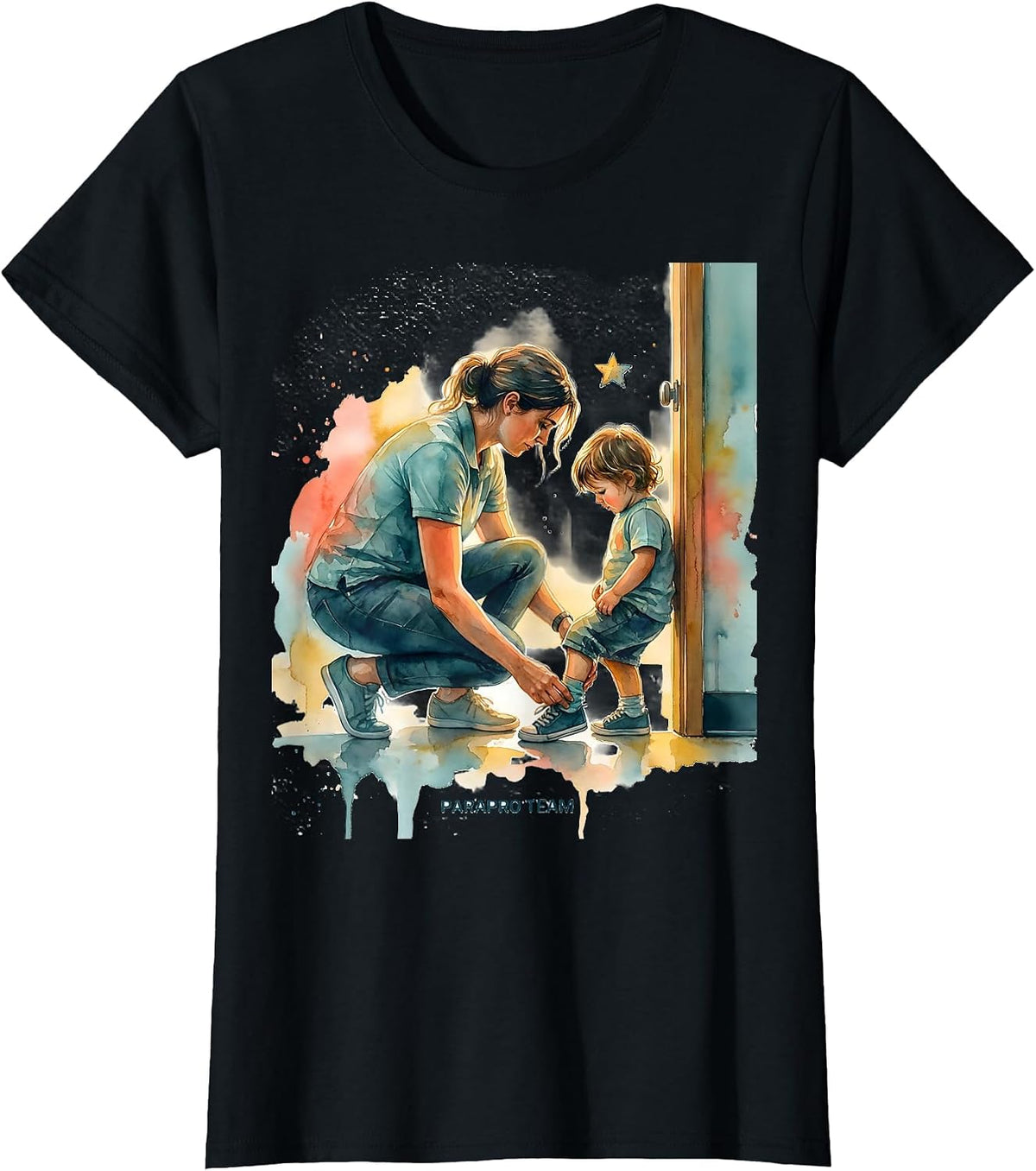 Women's Parapro Team Watercolor Paraeducator Teacher Appreciation T-Shirt - Black