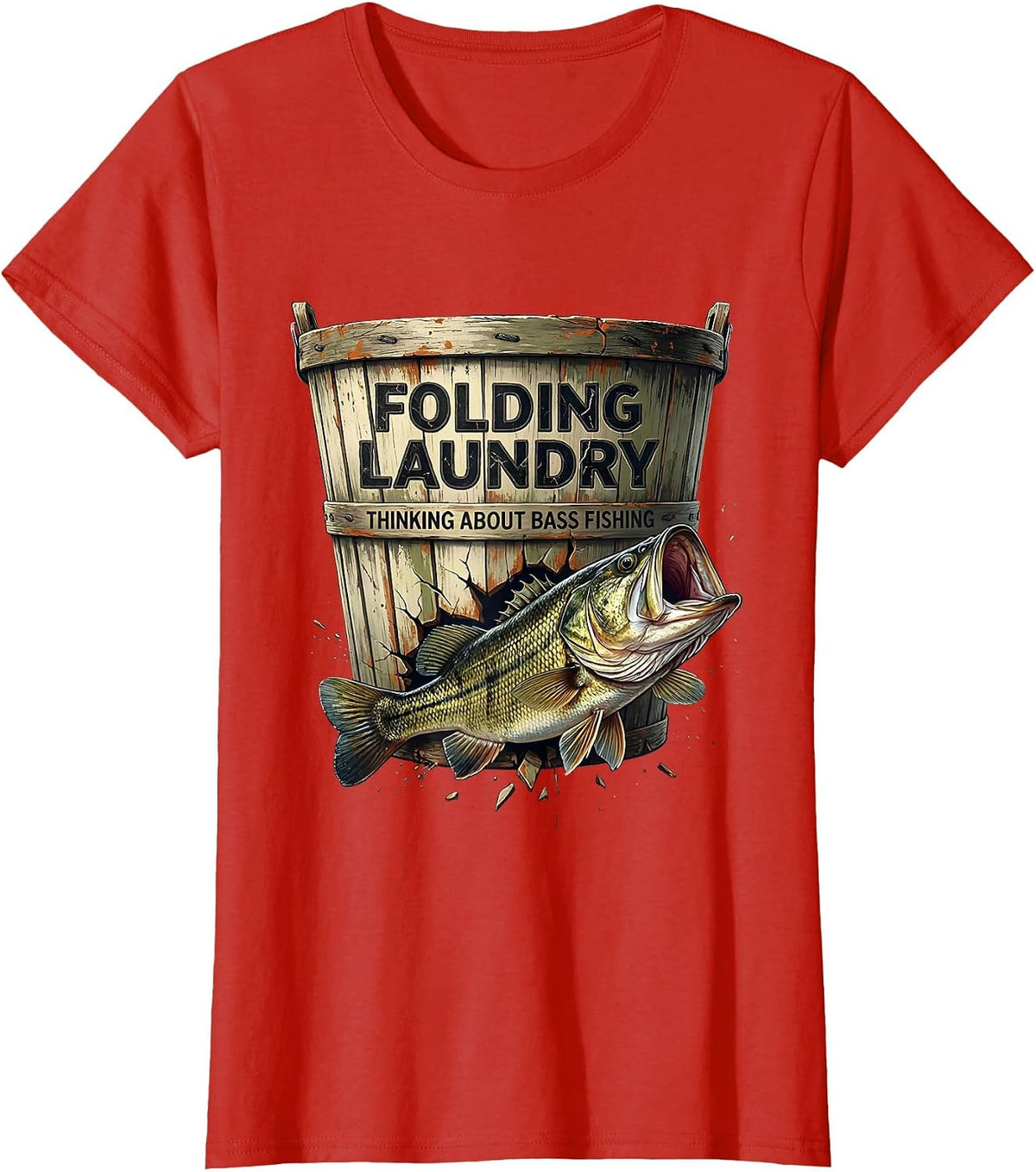 Women's Folding Laundry Thinking About Bass Fishing Funny Fishing T-Shirt - Red