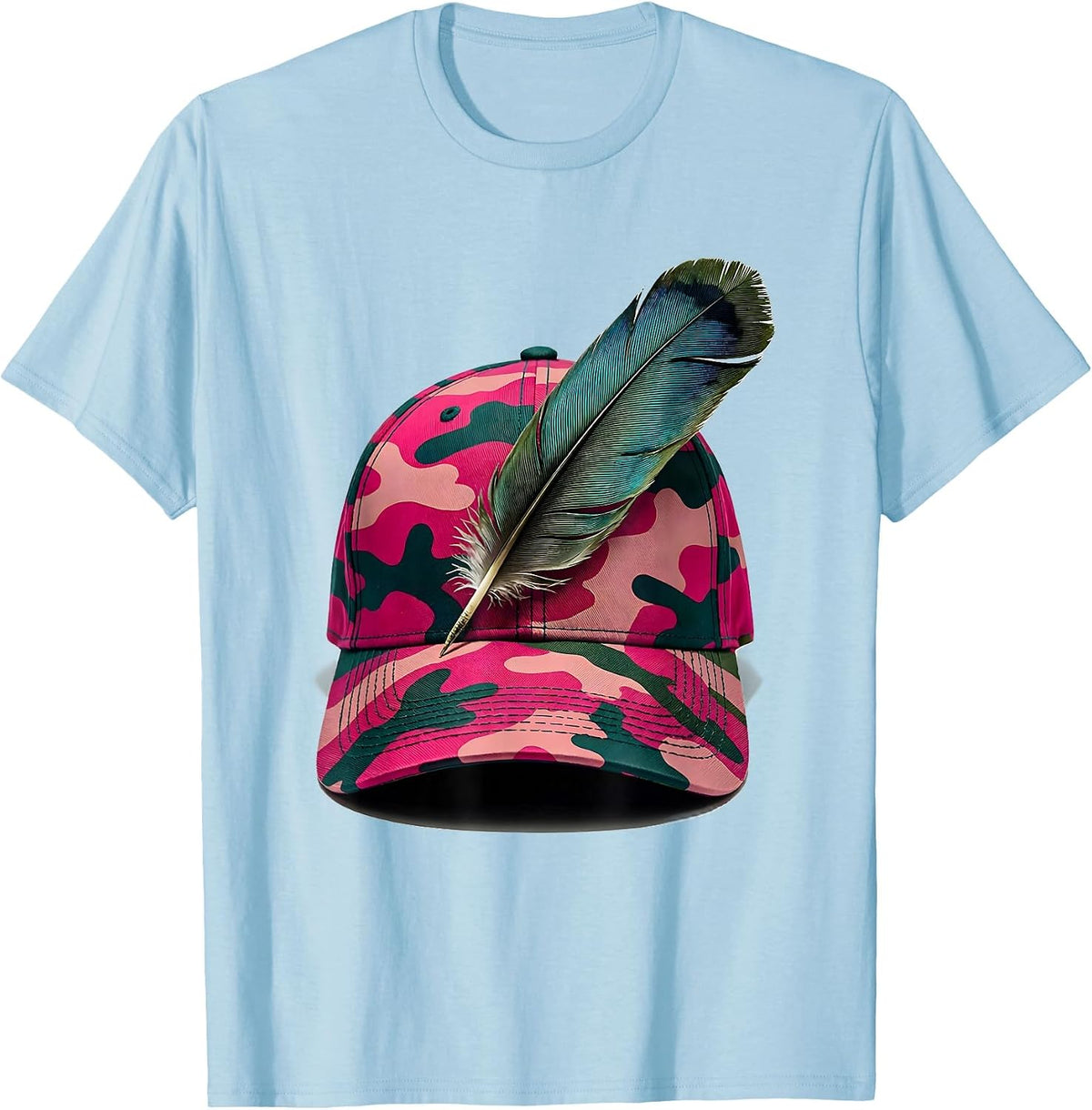 Pink Camo Hunting Hat With Duck Feather Graphic T-Shirt - Baby Blue