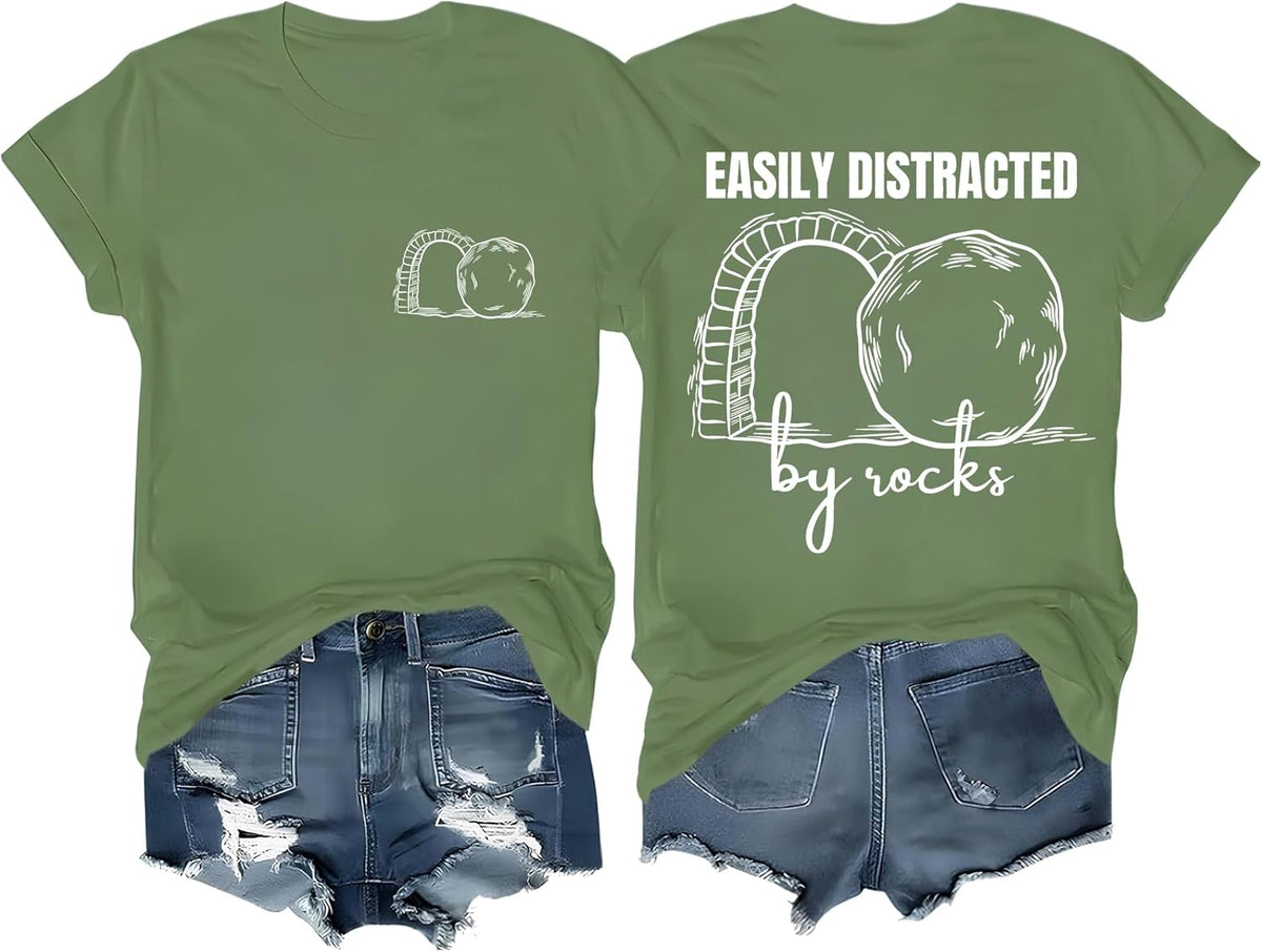 Easily Distracted by Rocks Shirt, Funny Geology Easily Distracted by Rocks T-Shirt V Neck Casual Tees Unisex - Crewneck Green