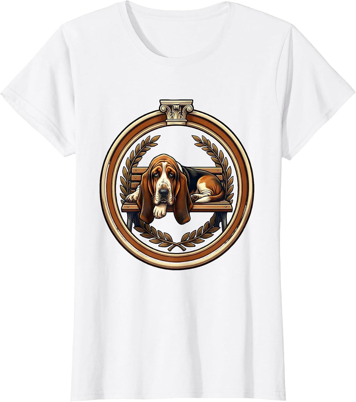 Sleepy Basset Hound Melting Off Park Bench T-Shirt - White