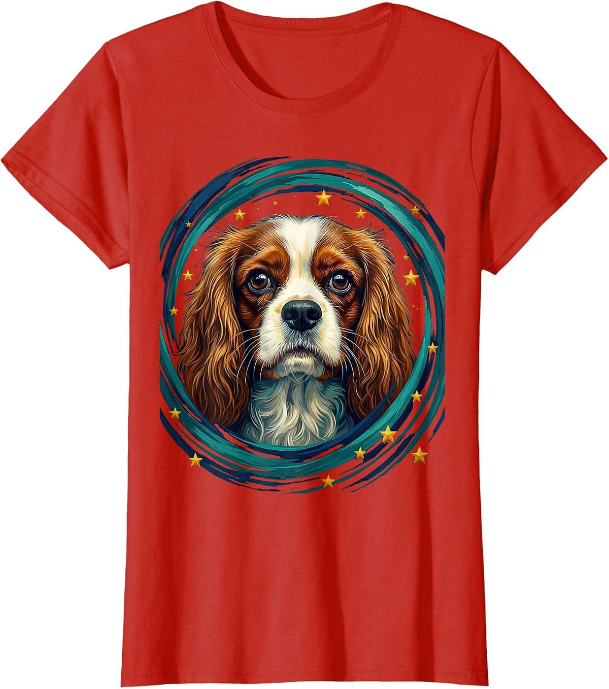 Cavalier King Charles Spaniel Van Gogh Starry Night Portrait T-Shirt - Red