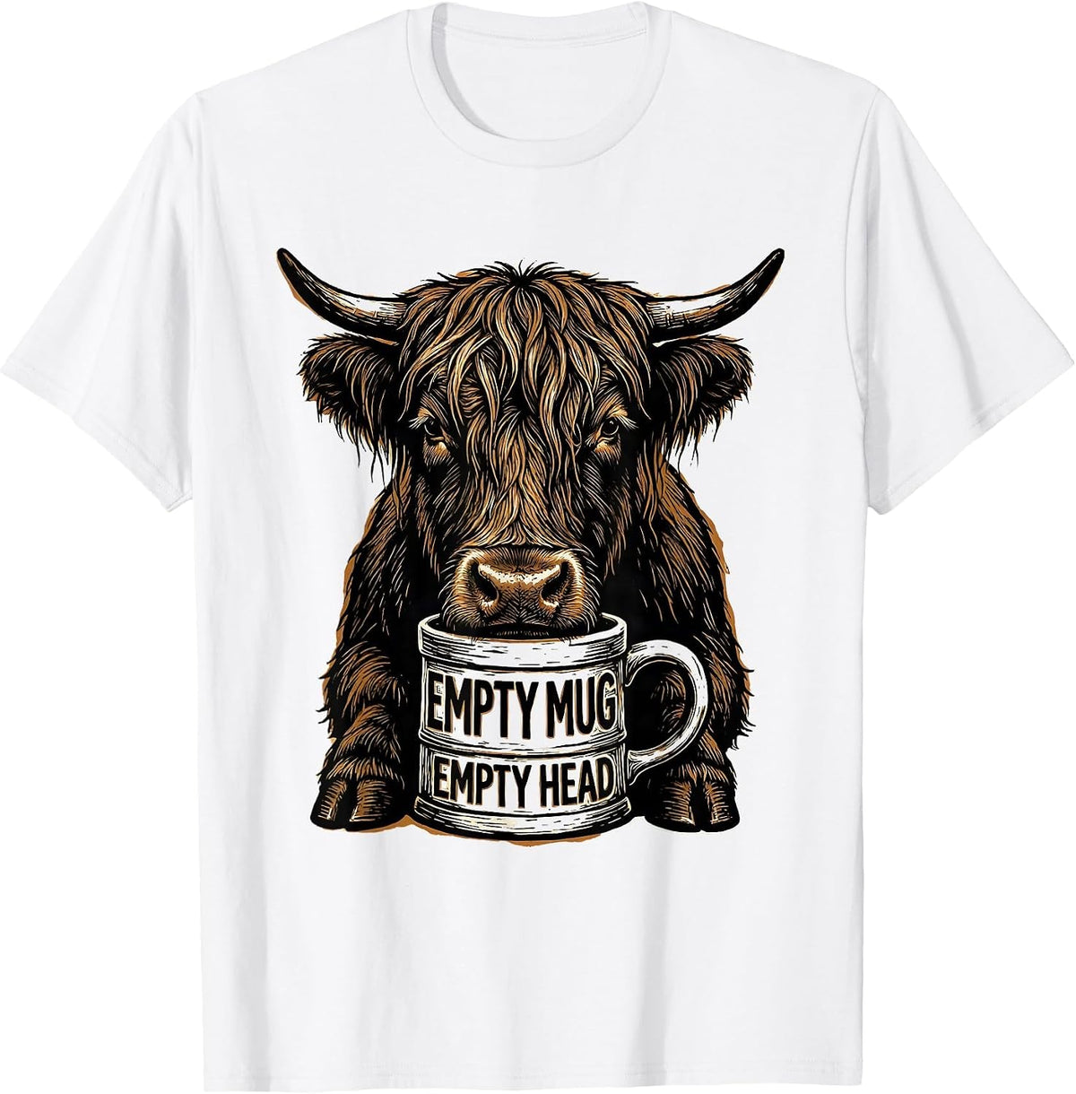 Men's Empty Mug Empty Head Funny Highland Cow Coffee Lover Humor T-Shirt - White