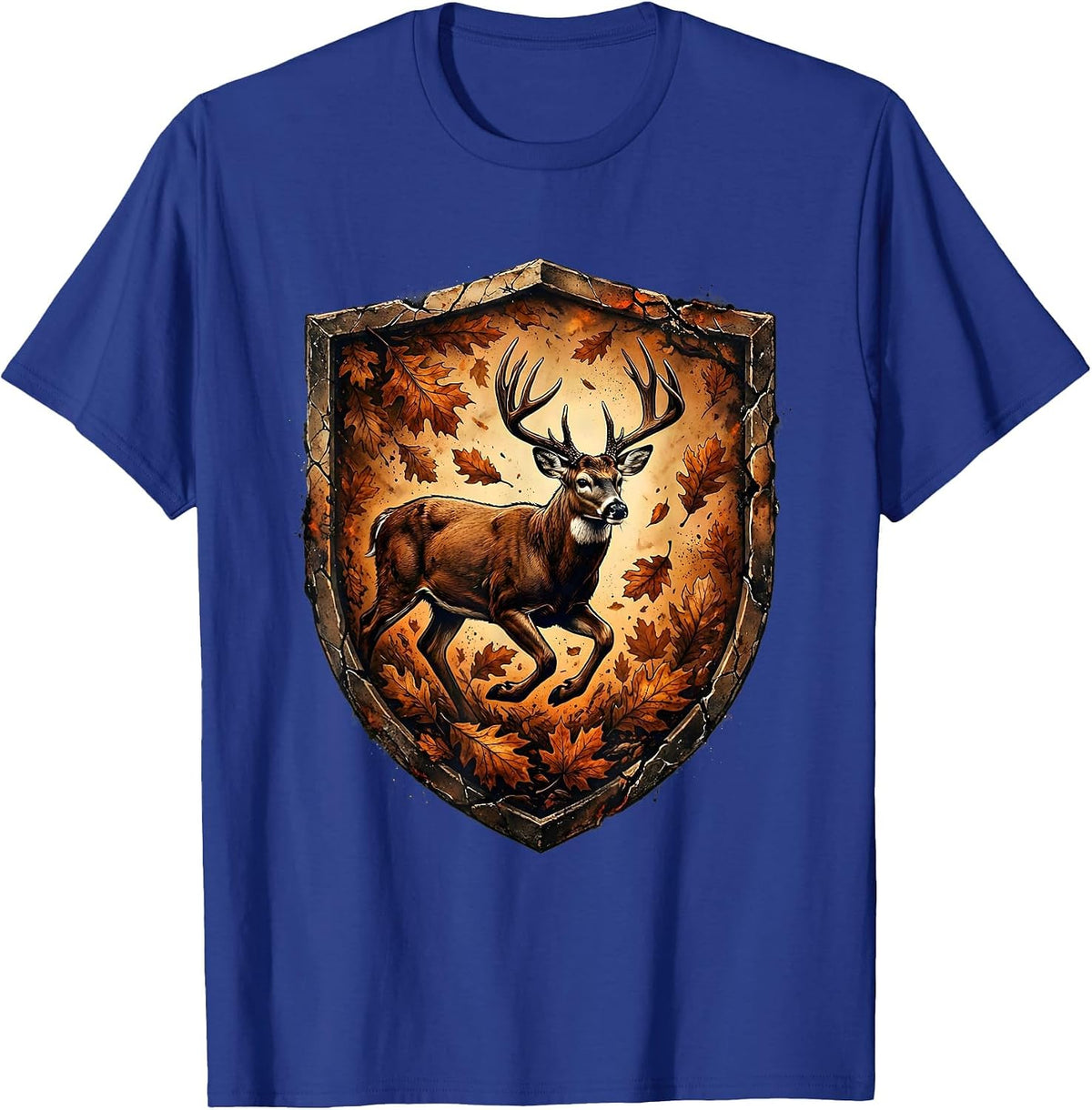 Whitetail Buck Running Through Autumn Leaves Camo T-Shirt - Royal Blue