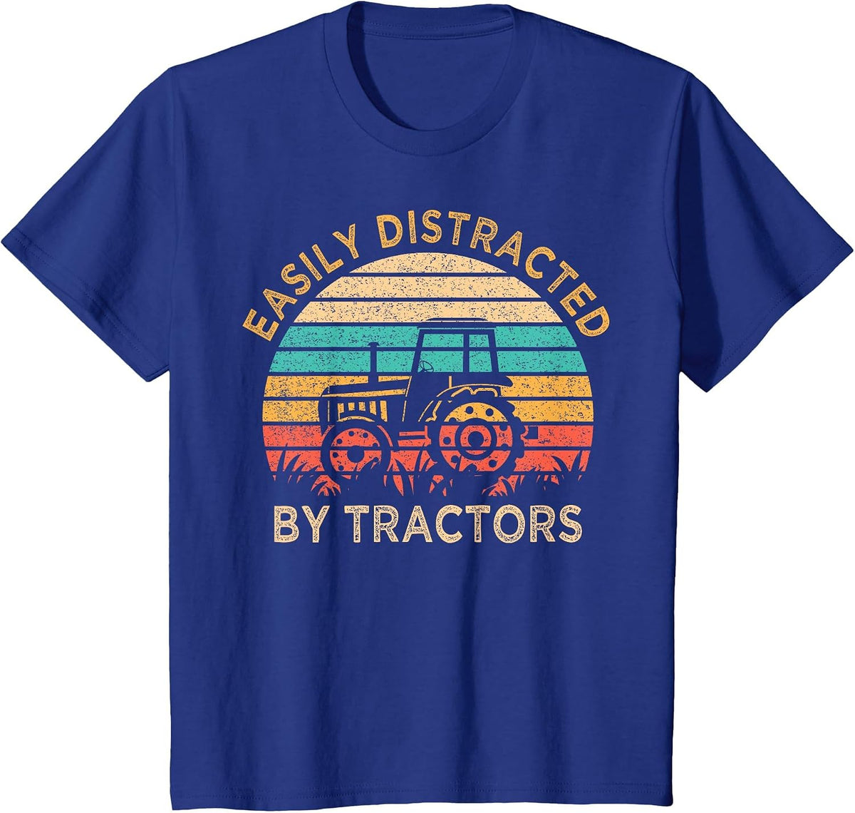 Vintage Easily Distracted by Tractors Fun Farming T-Shirt - Royal Blue