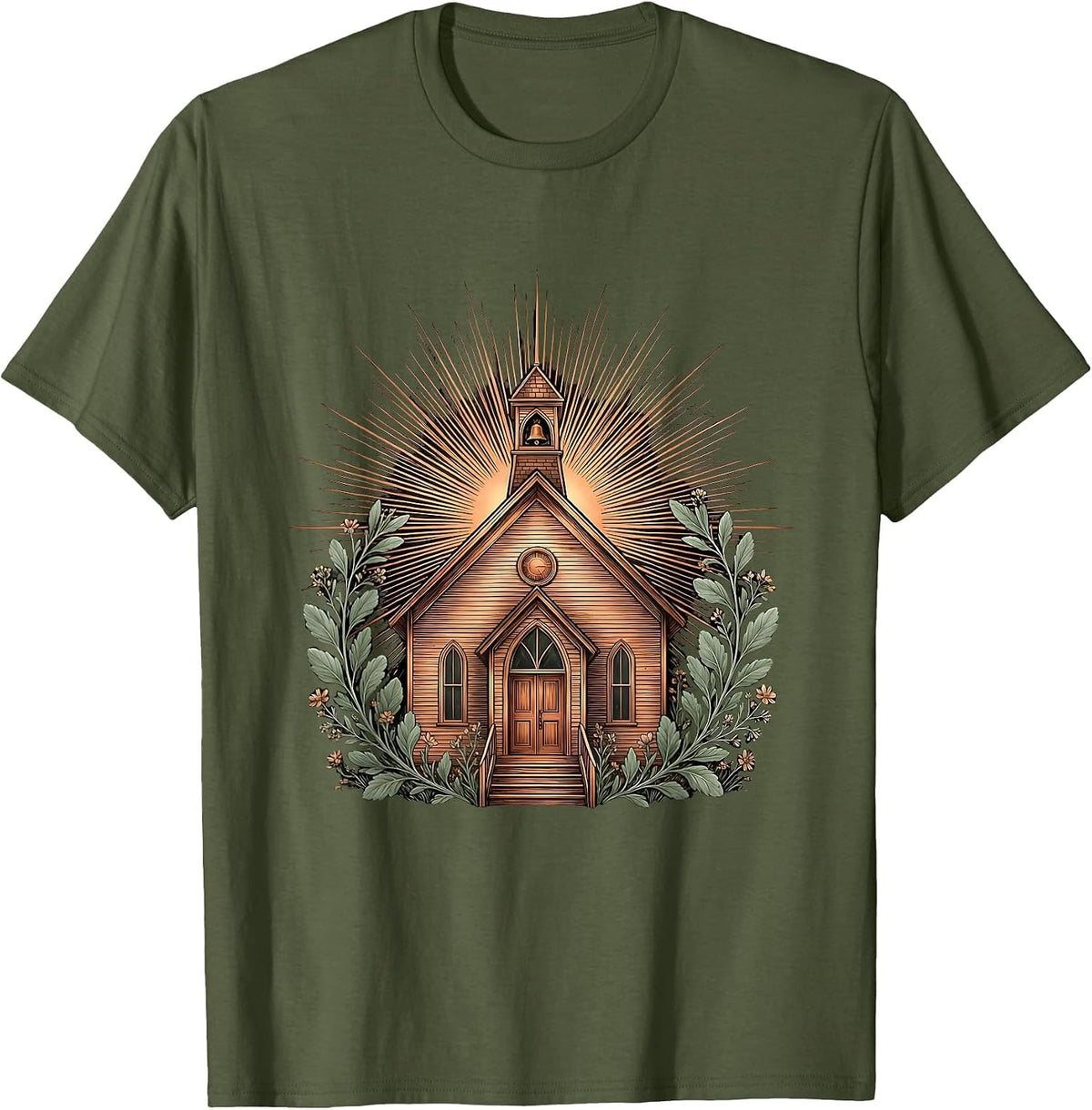 Teacher Schoolhouse Sun Rays Illustration T-Shirt - Olive Green