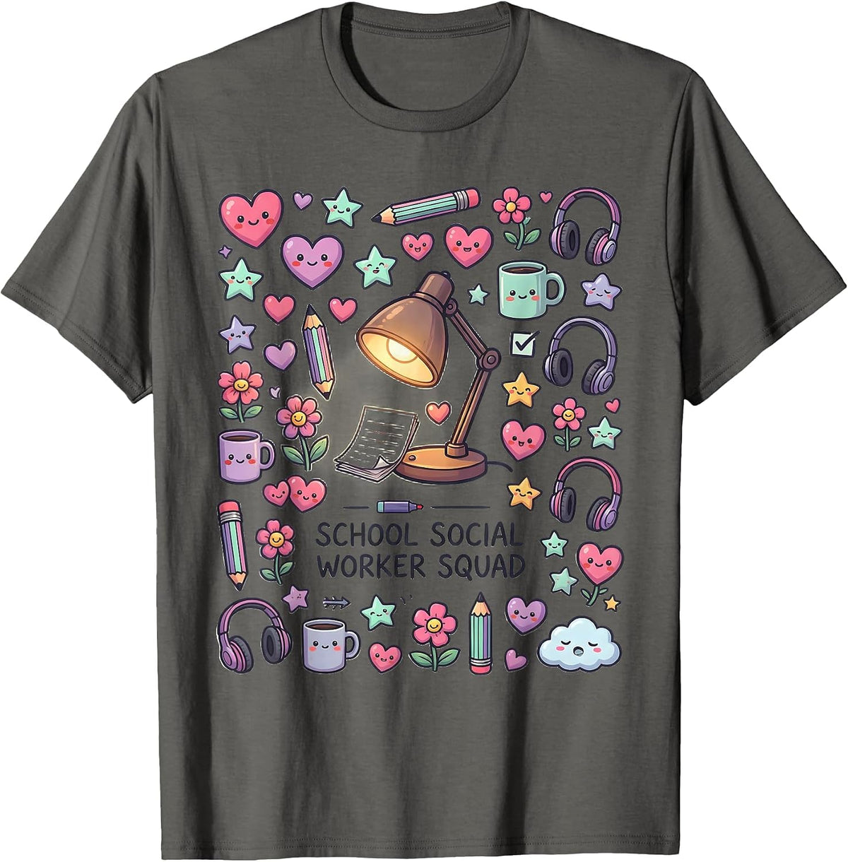 School Social Worker Squad Kawaii Stationery Doodle Staff T-Shirt - Asphalt Grey