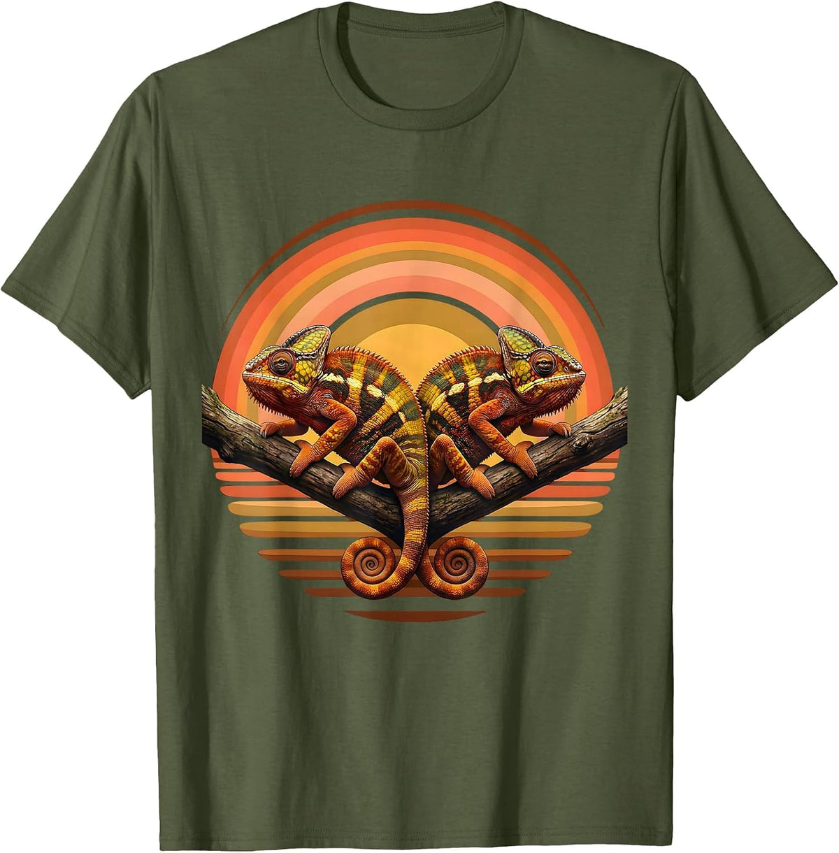 Men's Twin Day Matching Chameleons on a Branch Design T-Shirt - Olive Green