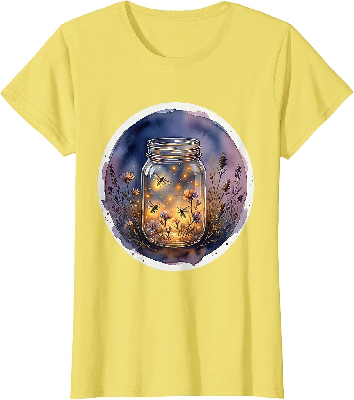 Women's Nana Mason Jar Fireflies Dusk Illustration T-Shirt - Lemon Yellow
