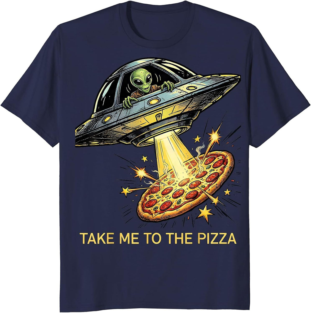 Take Me To The Pizza Comic Book Alien Pizza Lover Humor T-Shirt - Navy Blue