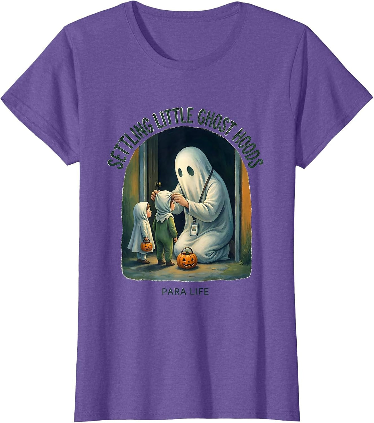 Women's Settling Little Ghost Hoods Para Life Paraeducator Halloween T-Shirt - Purple Heather