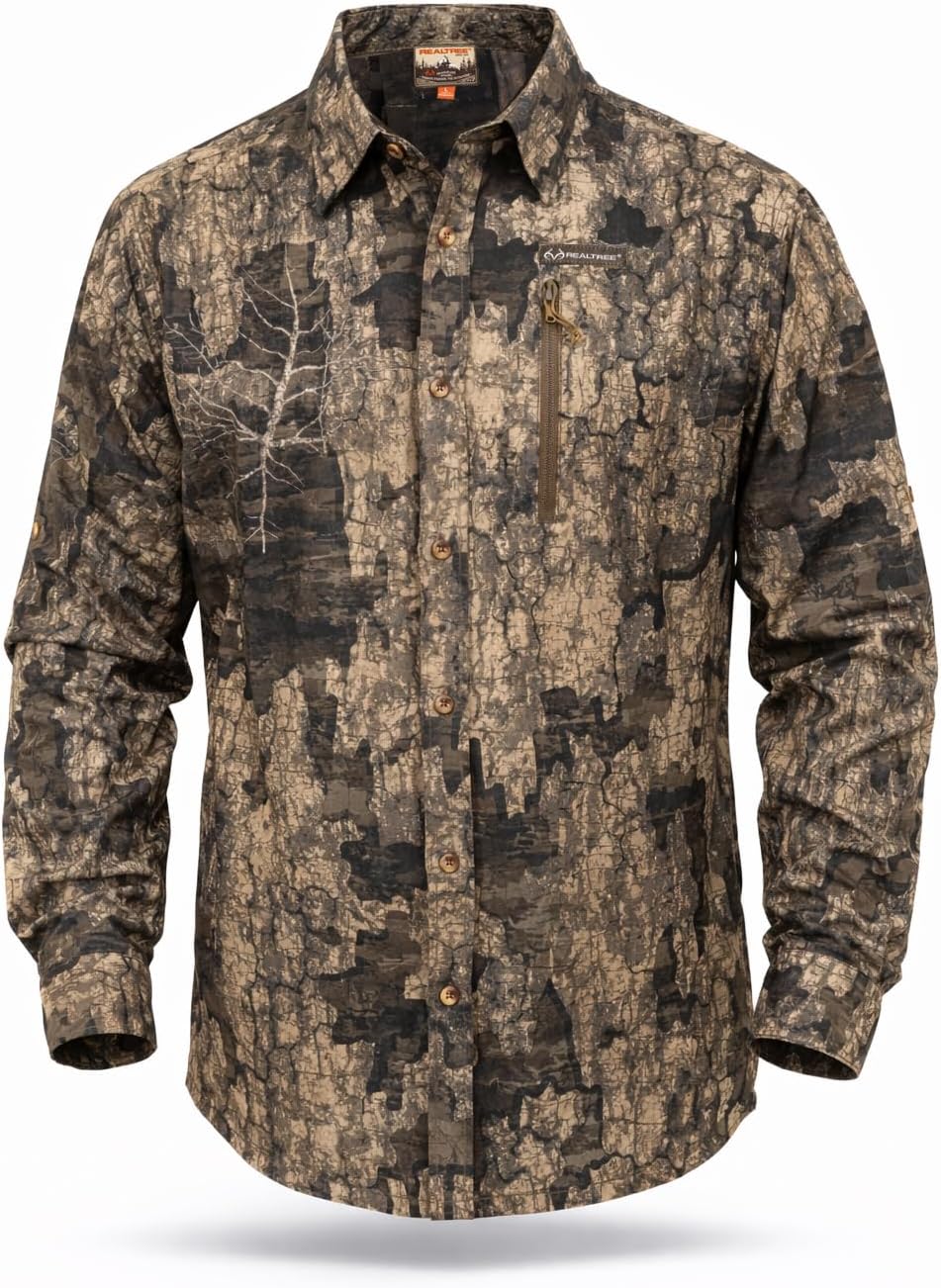 Realtree Men’s Long Sleeve Camo Hunting Shirt - Lightweight Breathable Button Down with UPF 50+ Sun Protection - Timber