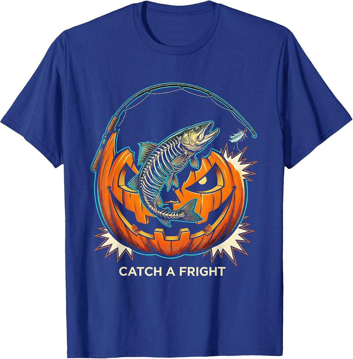 Catch a Fright Pop Art Halloween Fishing Ghost Fly Skeleton T-Shirt - Royal Blue