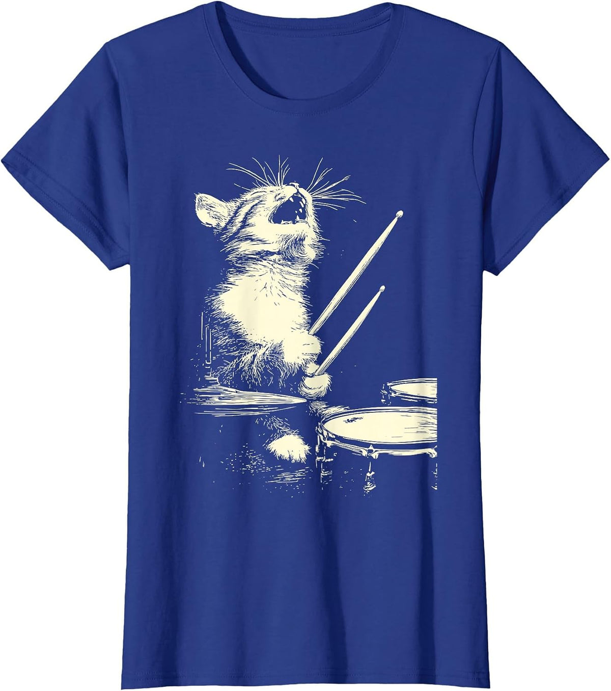 Cute Tabby Cat Playing Drums Funny Music Feline Drummer T-Shirt - Royal Blue