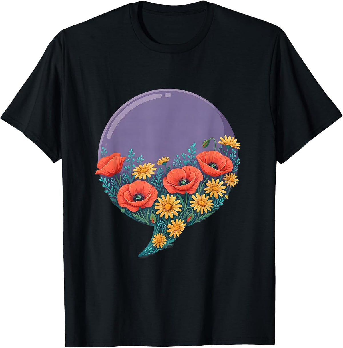 Men's Speech Bubble Wildflower Bloom Graphic Design T-Shirt - Black