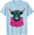 Men's Keep Calm, Moo On Funny Highland Cow Floral Humor T-Shirt - Baby Blue