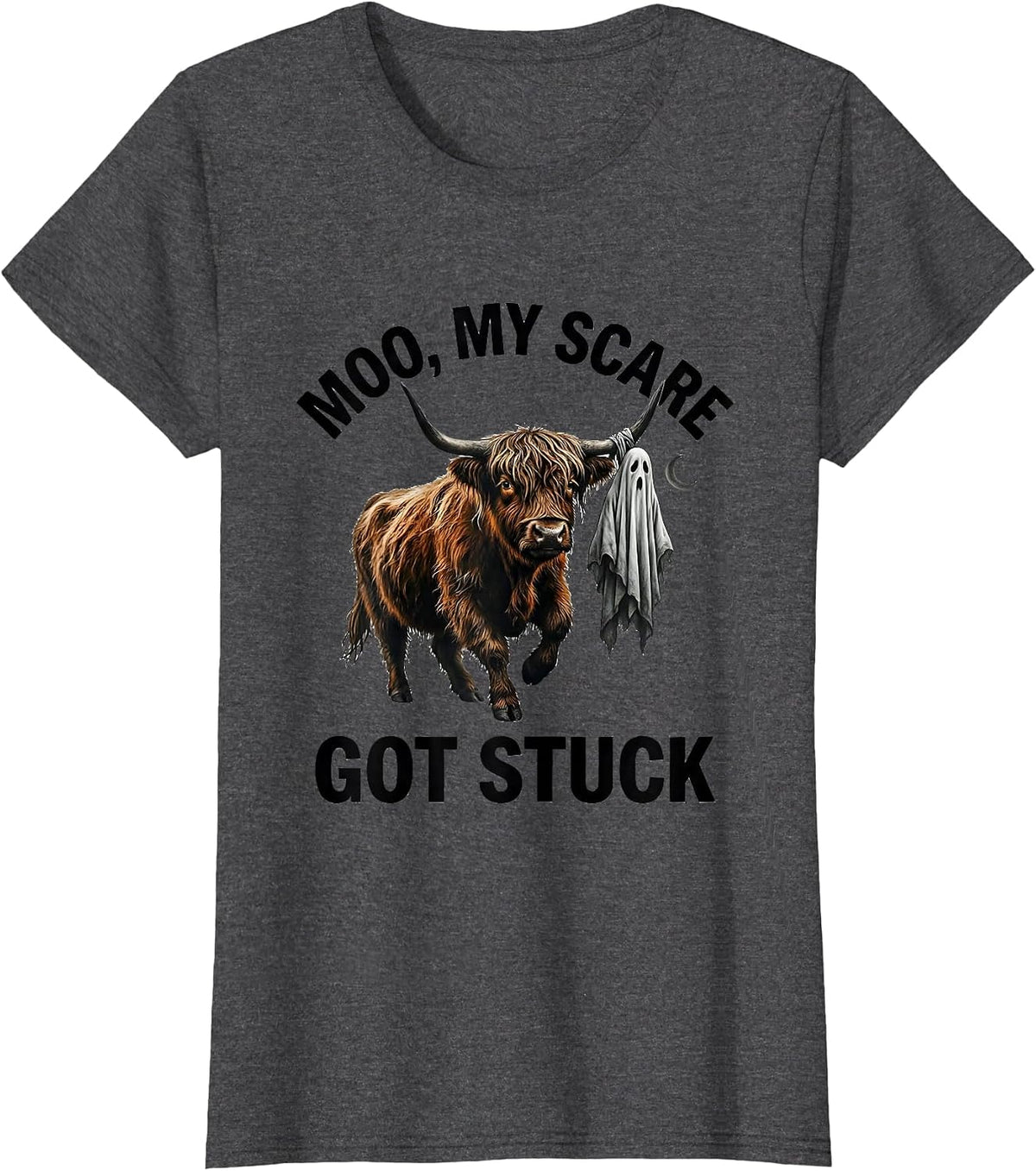 Women's Moo My Scare Got Stuck Funny Highland Cow Halloween Ghost T-Shirt - Dark Heather Grey