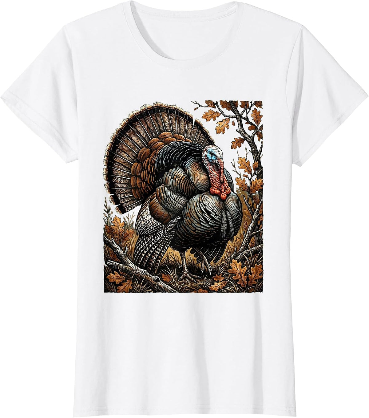 Women's Turkey Strutting Autumn Camo Illustration T-Shirt - White