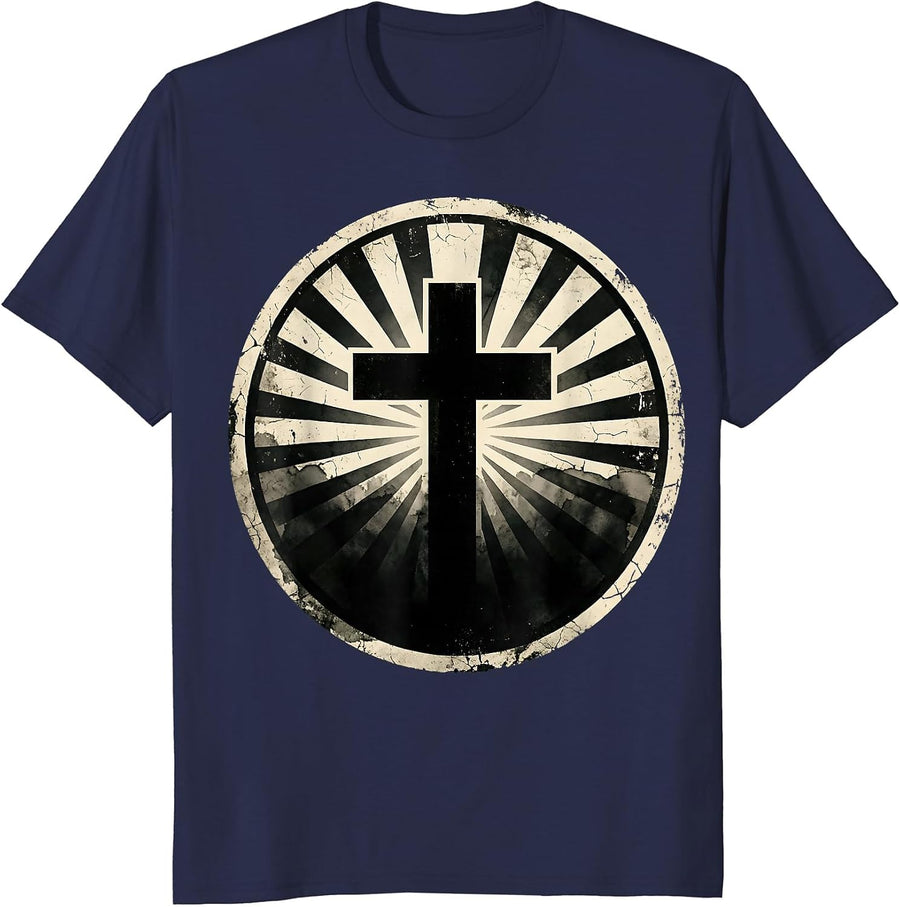 Faith Over Fear Cross Casting Light Into Darkness T-Shirt - Navy Blue