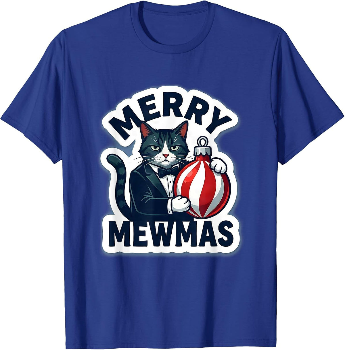 Men's Merry Mewmas Funny Tuxedo Cat Christmas Cat Lover Holiday T-Shirt - Royal Blue
