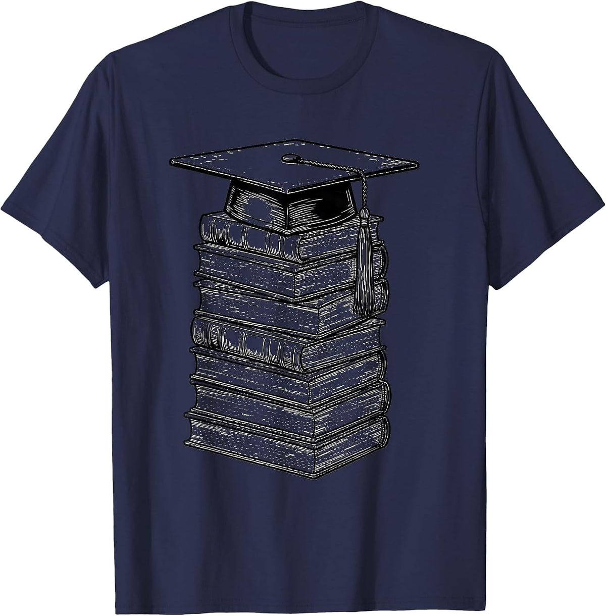 English Teacher Graduation Mortarboard Book Pile T-Shirt - Navy Blue