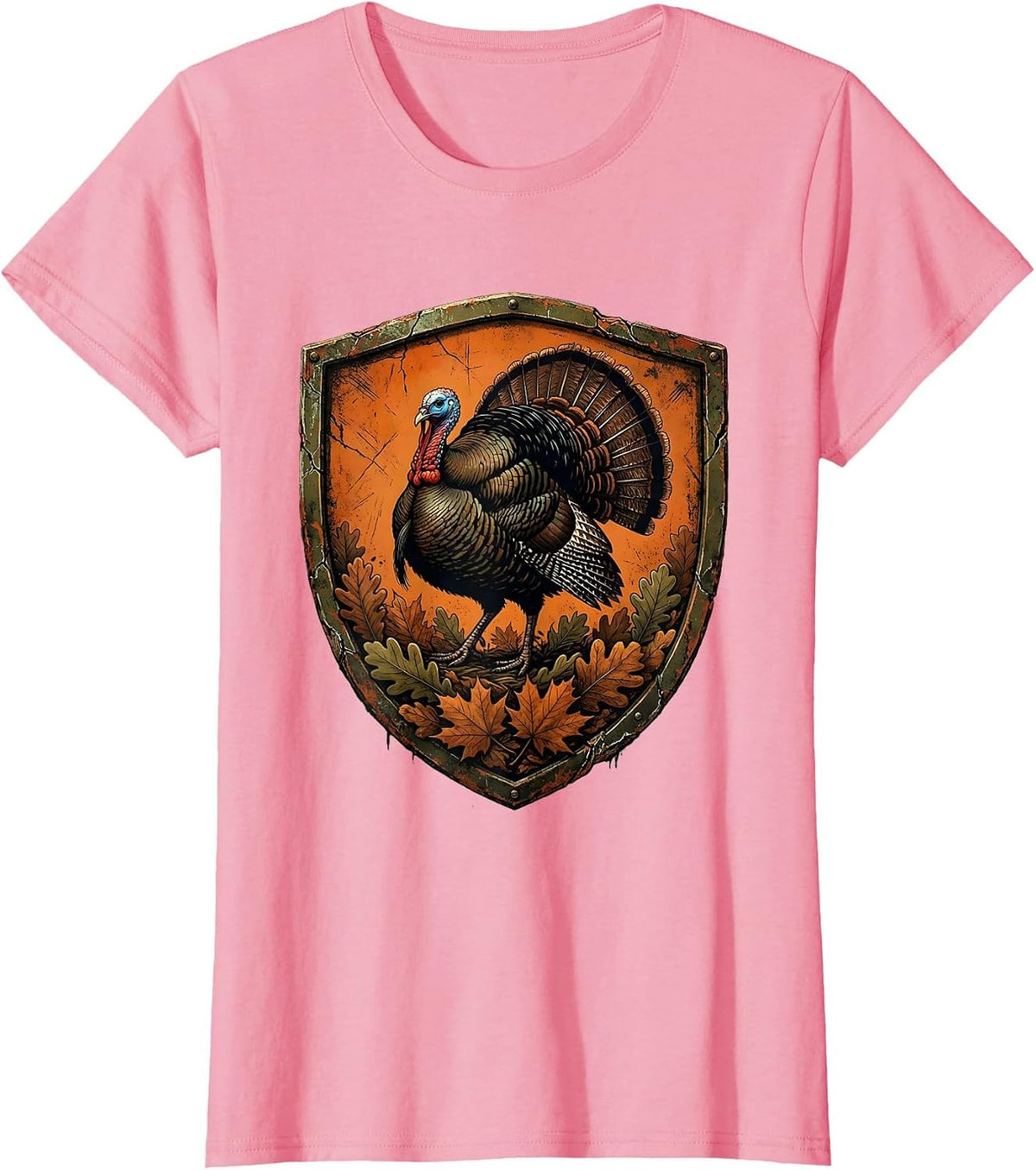 Women's Camo Turkey Striding Through Autumn Leaves T-Shirt - Pink