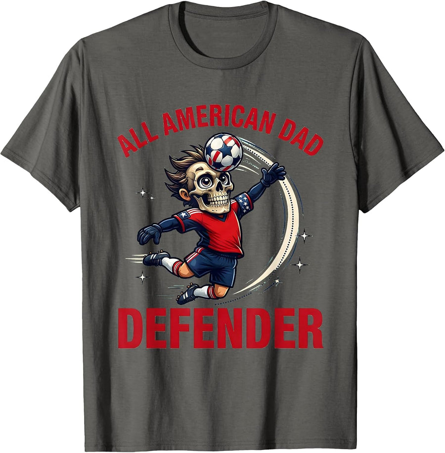 ALL AMERICAN DAD DEFENDER Cartoon Soccer Dad Fourth of July T-Shirt - Asphalt Grey