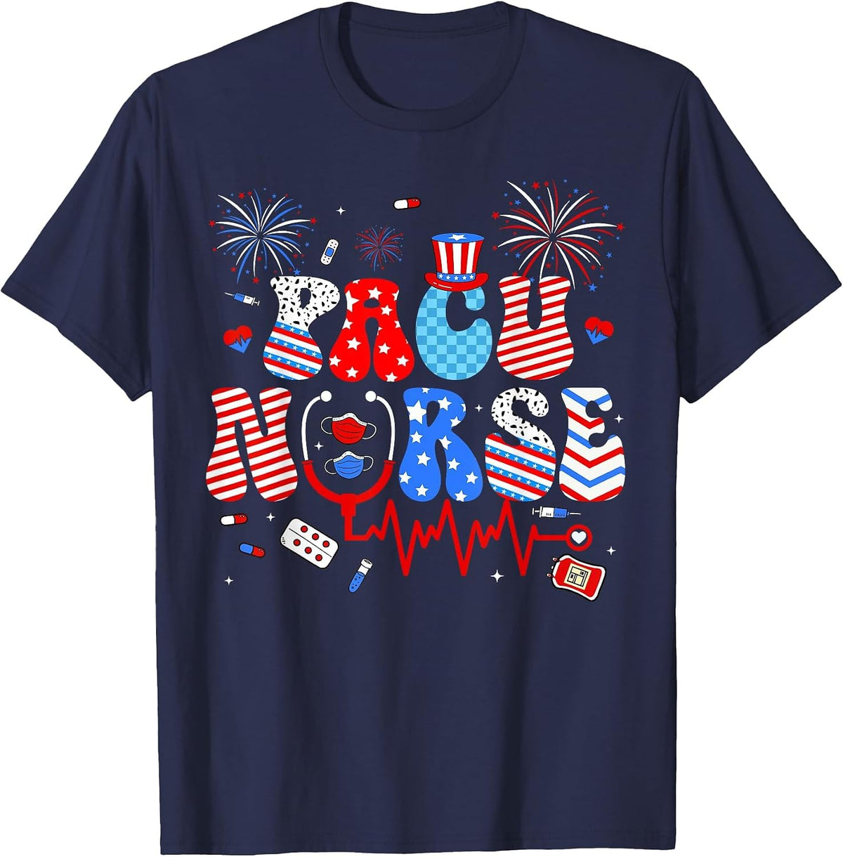 Patriotic Pacu Nurse Happy 4th of July Women Girls Scrub Top T-Shirt - Navy Blue