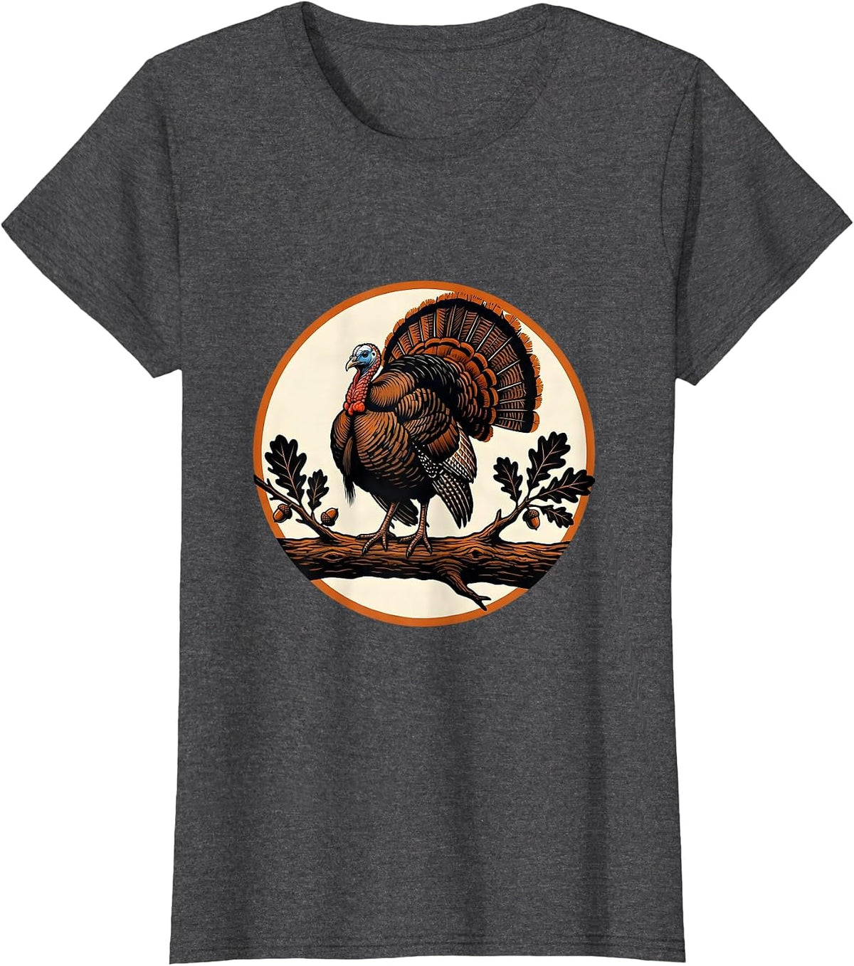 Women's Wild Turkey Perched on Oak Branch Illustration T-Shirt - Dark Heather Grey