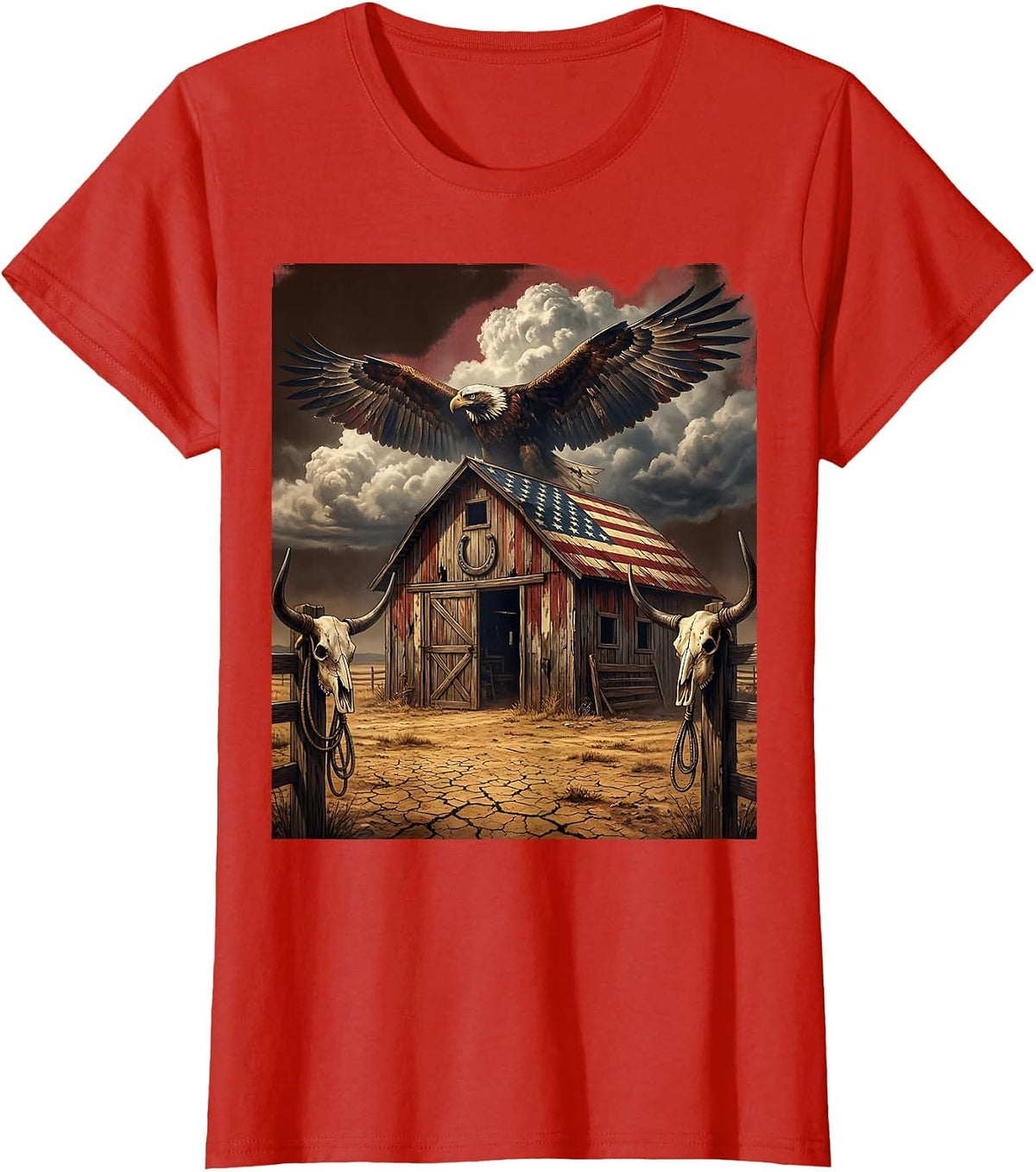 Old Barn Stormy Sky Dramatic Rural Landscape Art T-Shirt - Red
