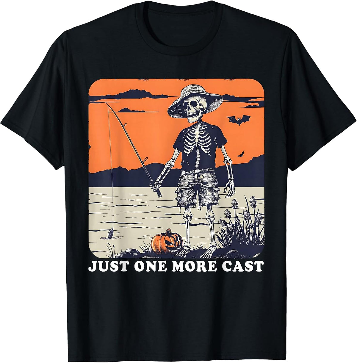Funny Skeleton Fishing Tee Just One More Cast Quote T-Shirt - Black