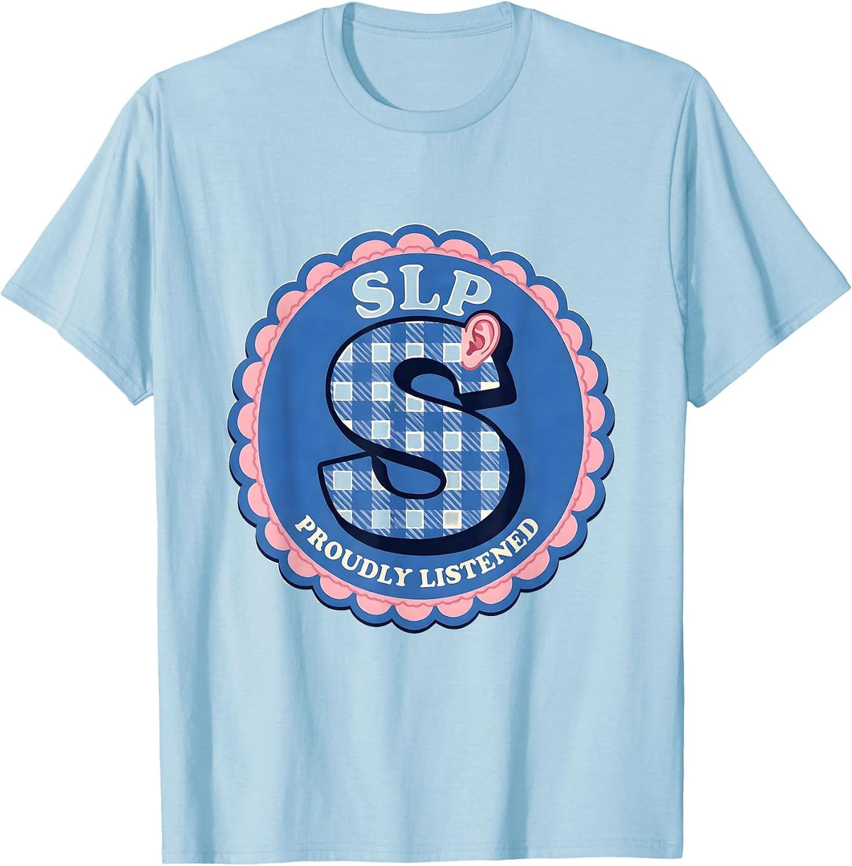 Men's SLP Proudly Listened Gingham Picnic Cute Speech Language T-Shirt - Baby Blue