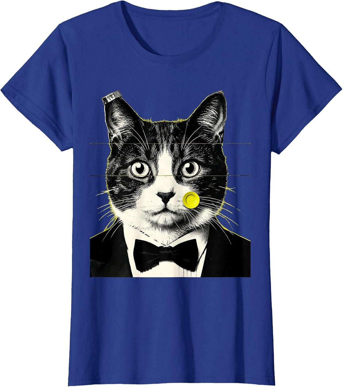 Women's Monumental Tuxedo Cat UFO Screenprint Poster Novelty T-Shirt - Royal Blue