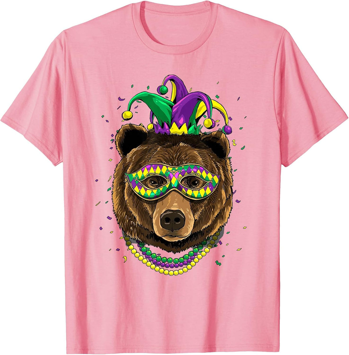 Bear Animal Lover Cute Mardi Gras Carnival Jester T-Shirt, Men, Pink, Large - As Pictured