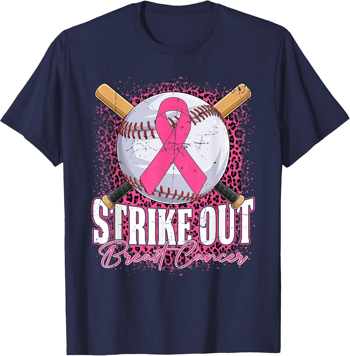 Strike Out Breast Cancer Baseball Ball & Pink Ribbon Women T-Shirt - Navy Blue