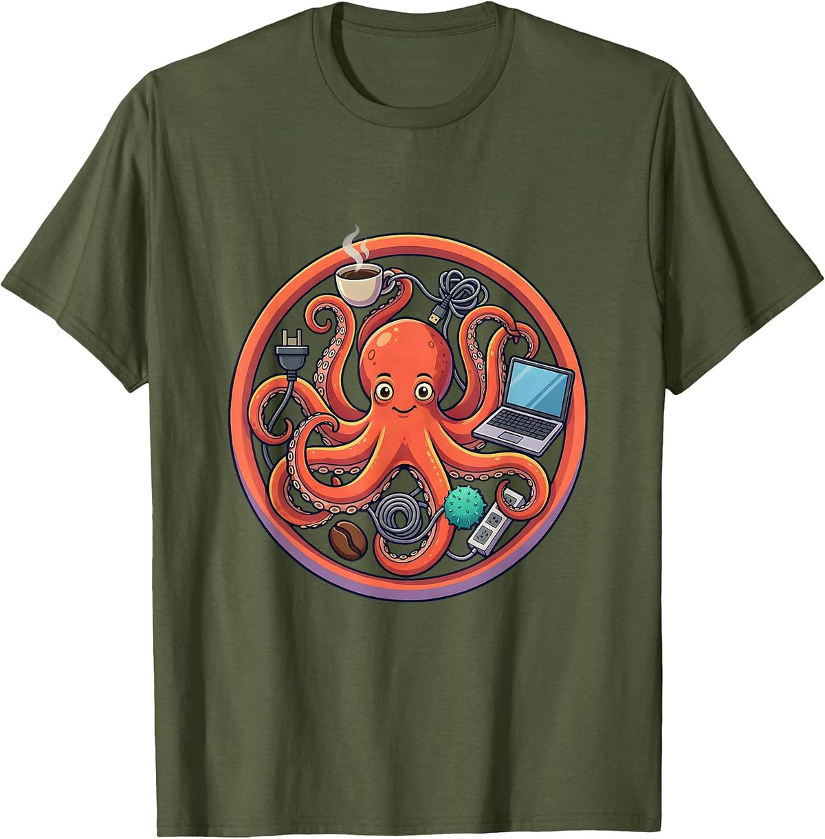 Chaos Coordinator Multitasking Octopus Design T-Shirt - Olive Green