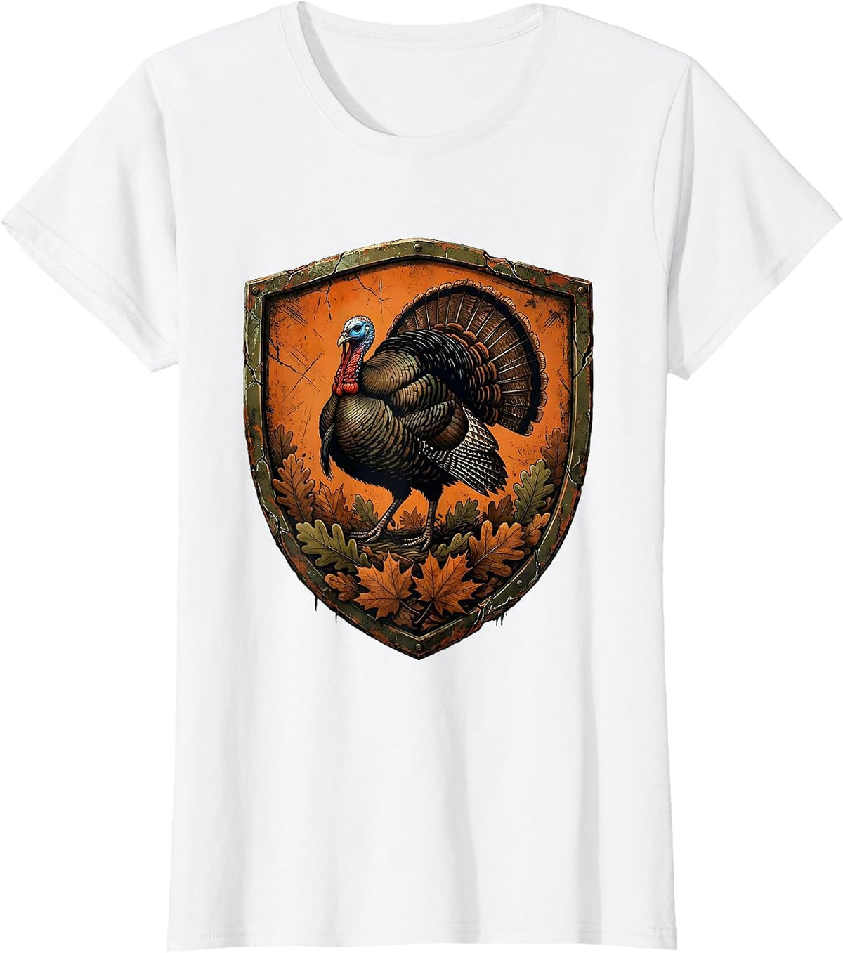 Women's Camo Turkey Striding Through Autumn Leaves T-Shirt - White