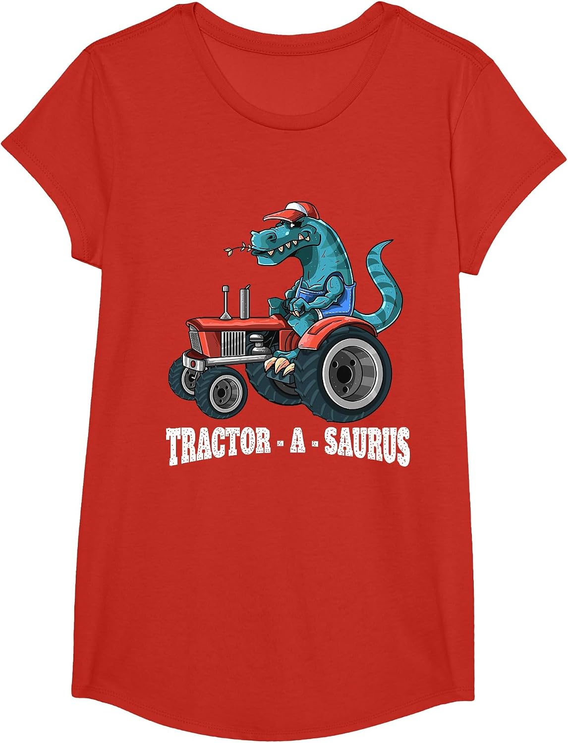 Dinosaur On Tractor Tractor-A-Saurus Farmer Kids Boys Girls T-Shirt - Girls Red